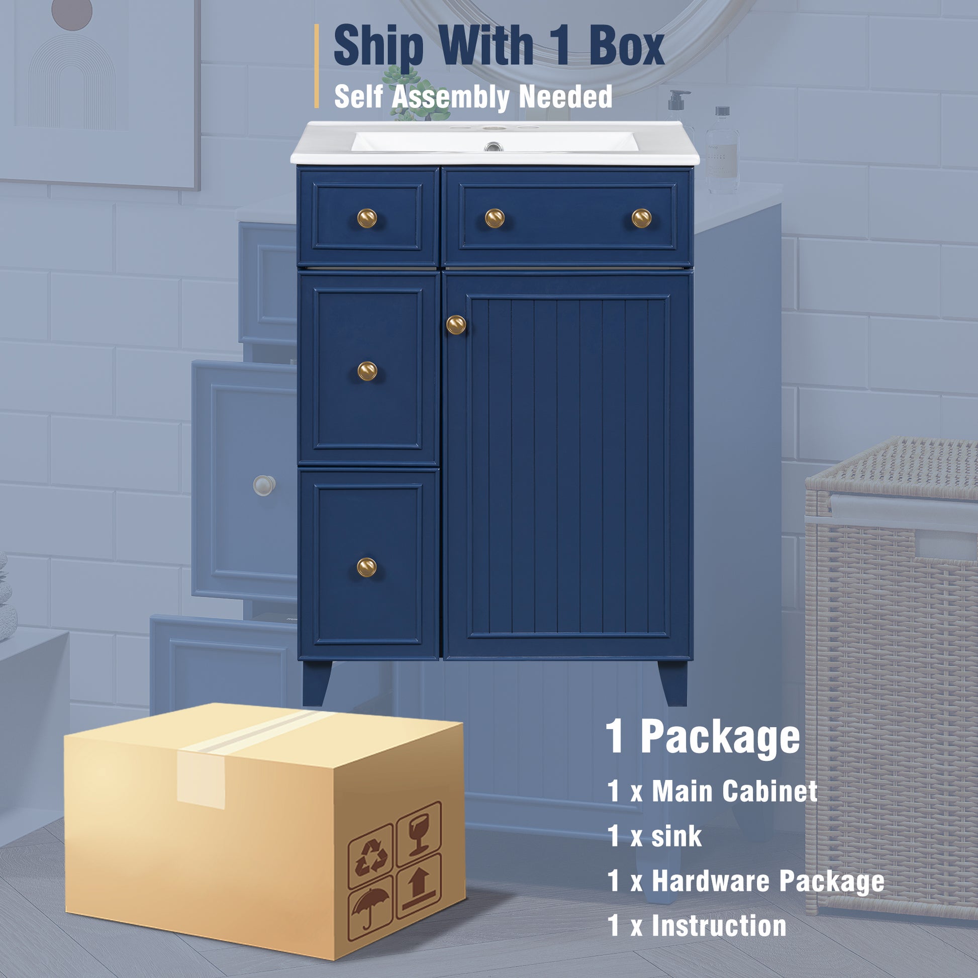 Navy blue bathroom vanity with white countertop gold hardware and brass handles selfassembly required