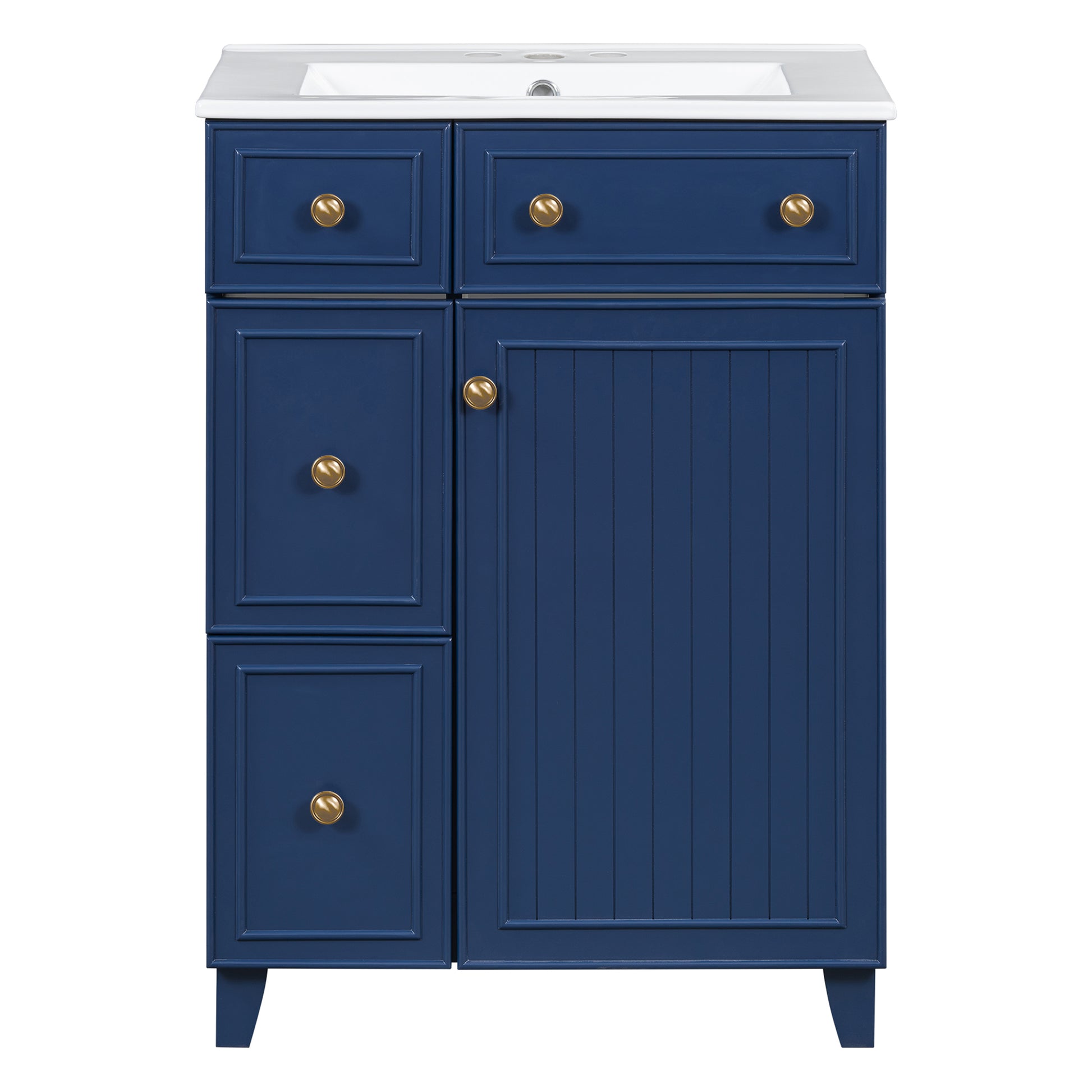Classic navy blue bathroom vanity with white quartz top and gold hardware