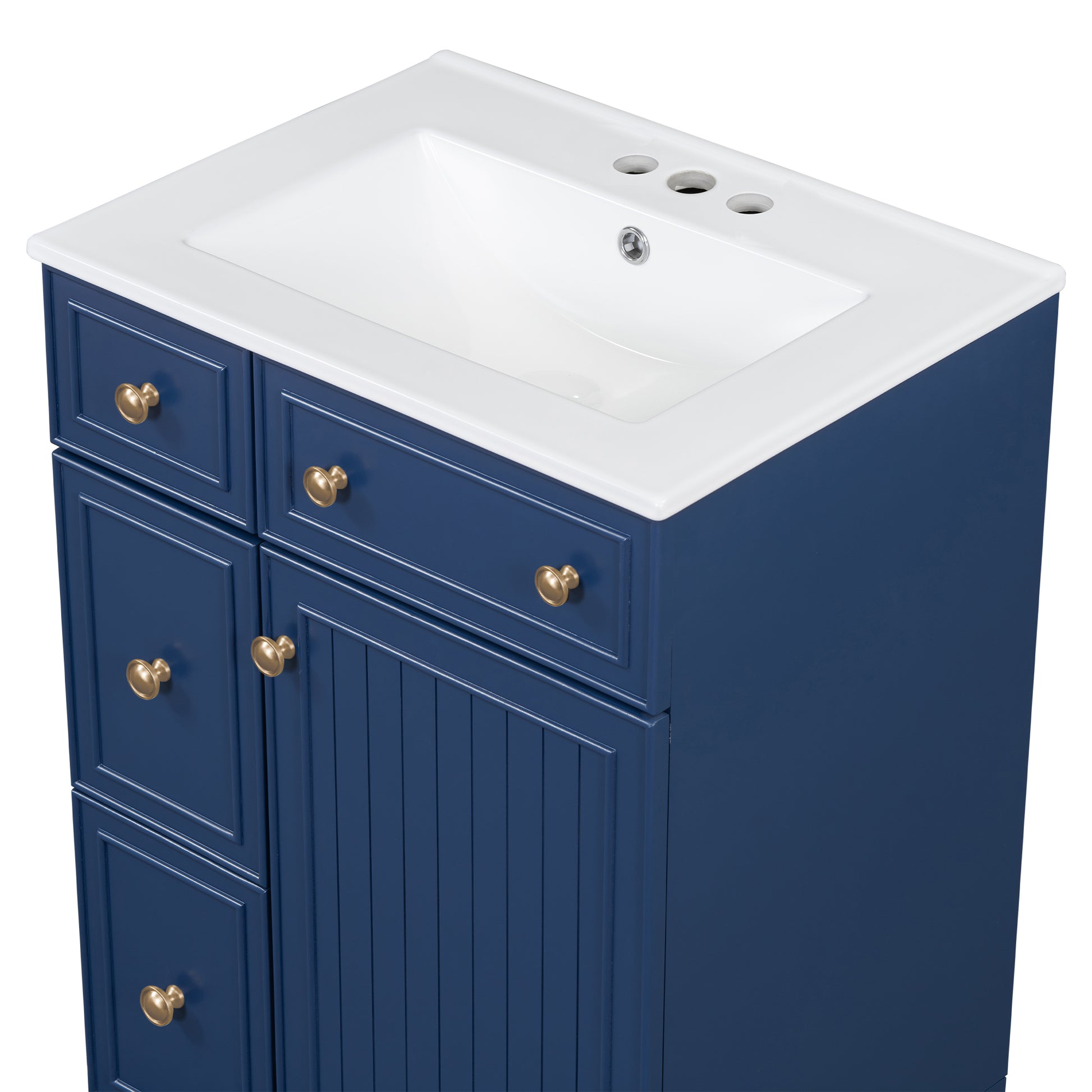Navy blue bathroom vanity with white ceramic sink and gold hardware