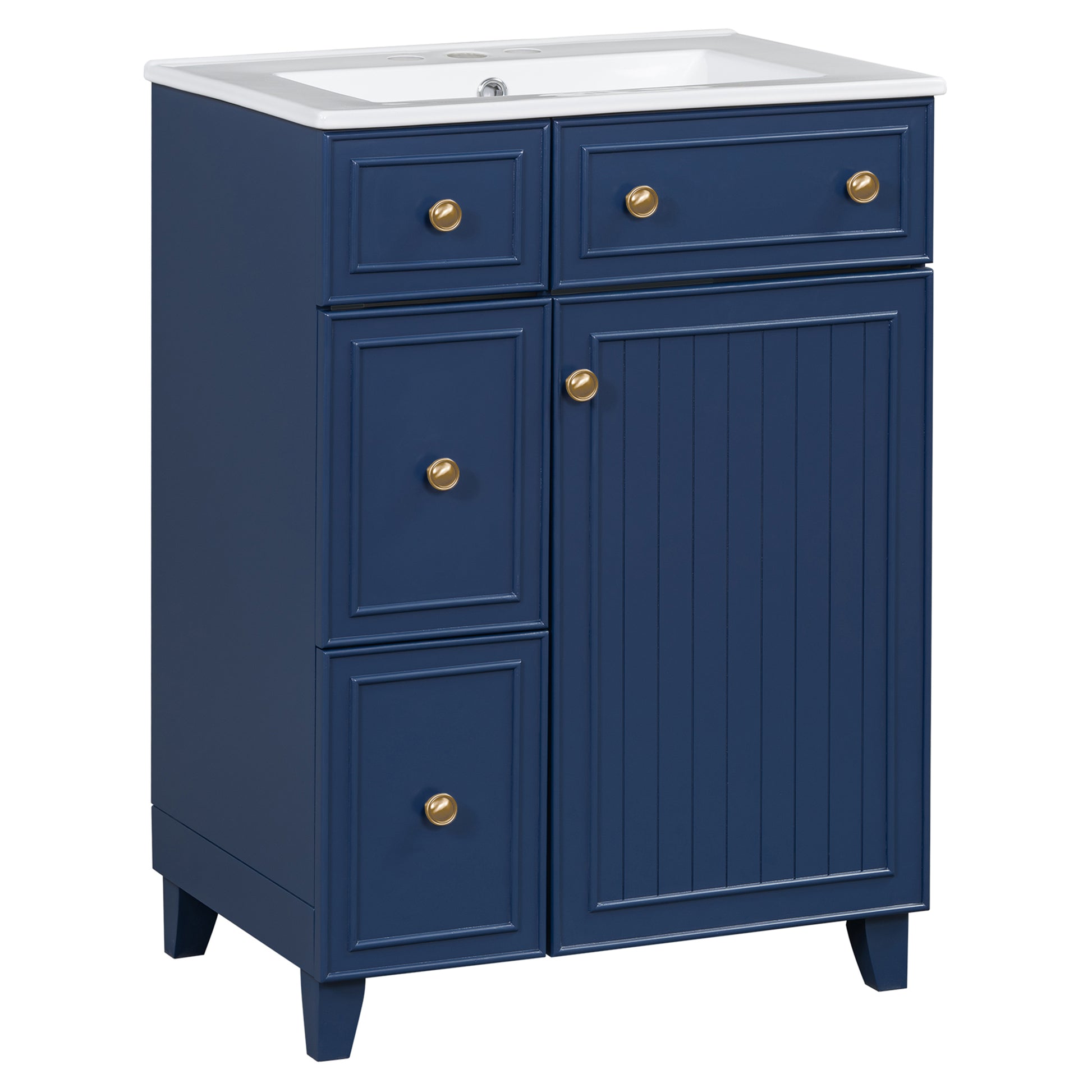 Navy blue vanity with white countertop and brass hardware