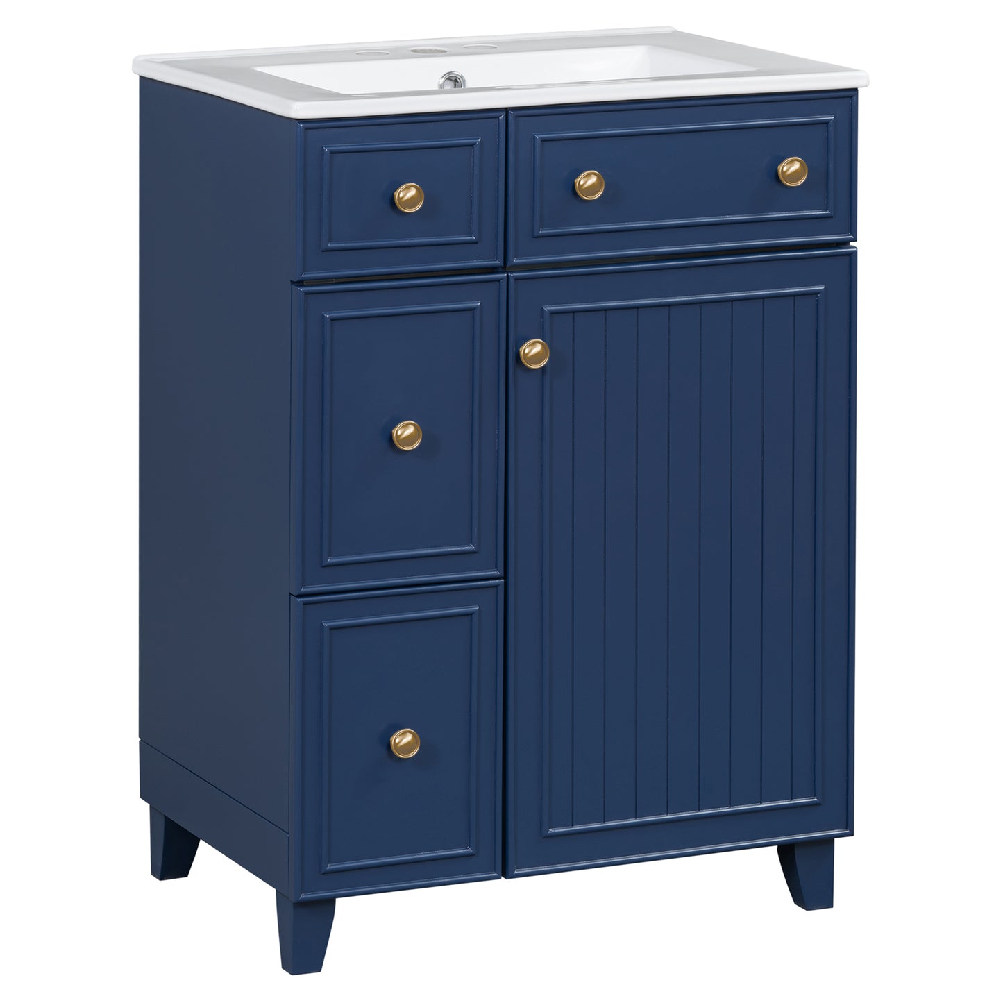 Navy blue vanity with white countertop and brass hardware