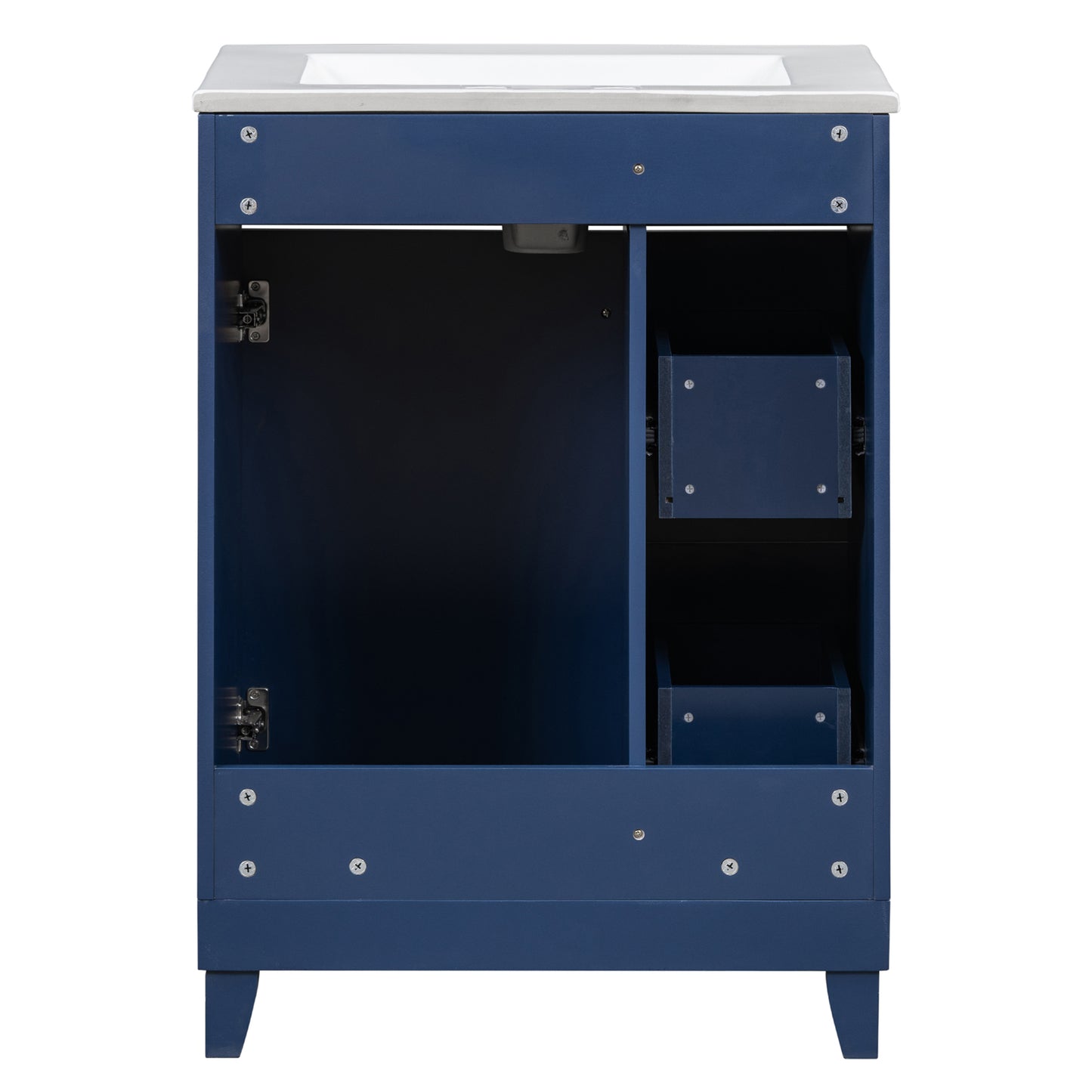 Navy blue bathroom vanity cabinet with white top and internal shelves