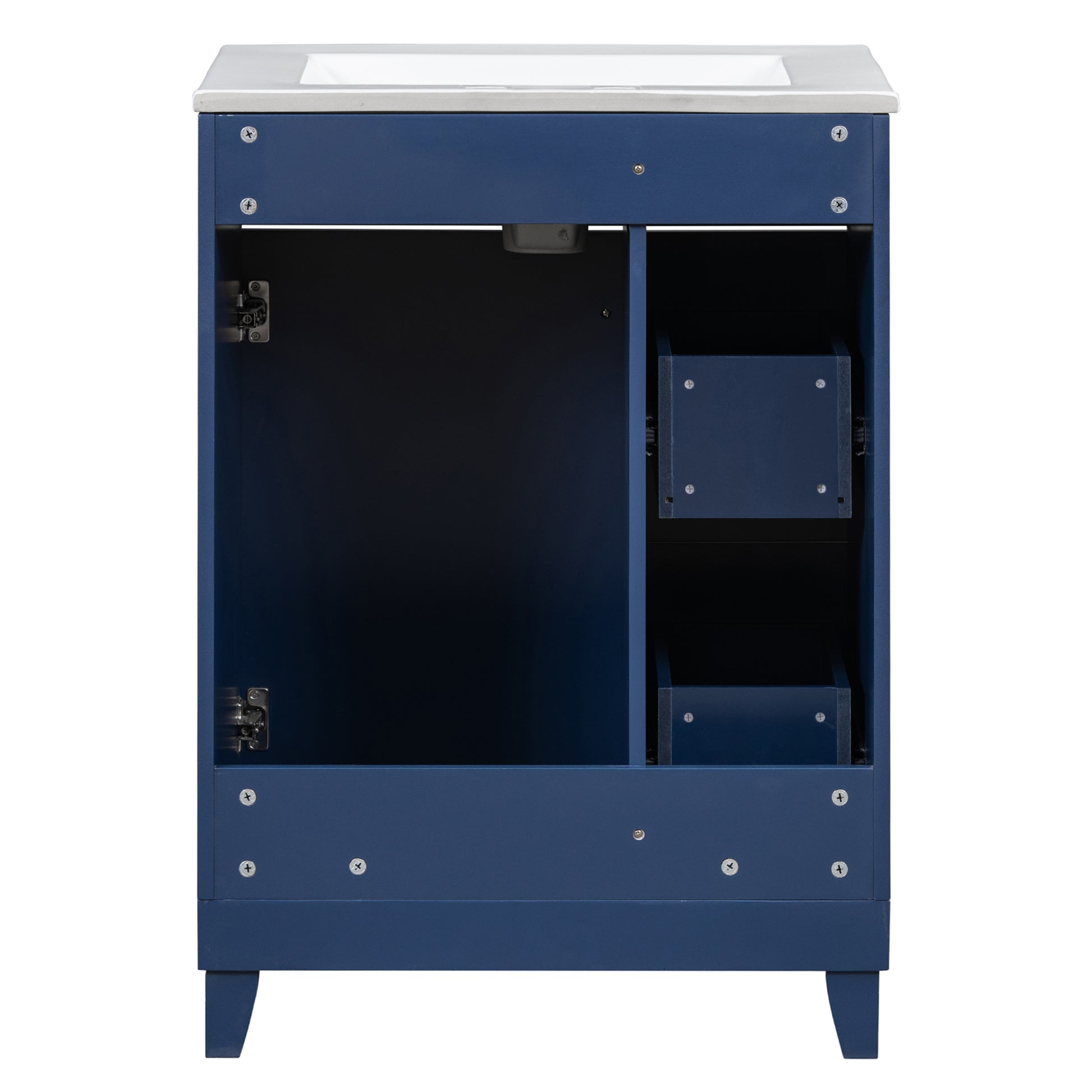 Navy blue bathroom vanity cabinet with white top and internal shelves