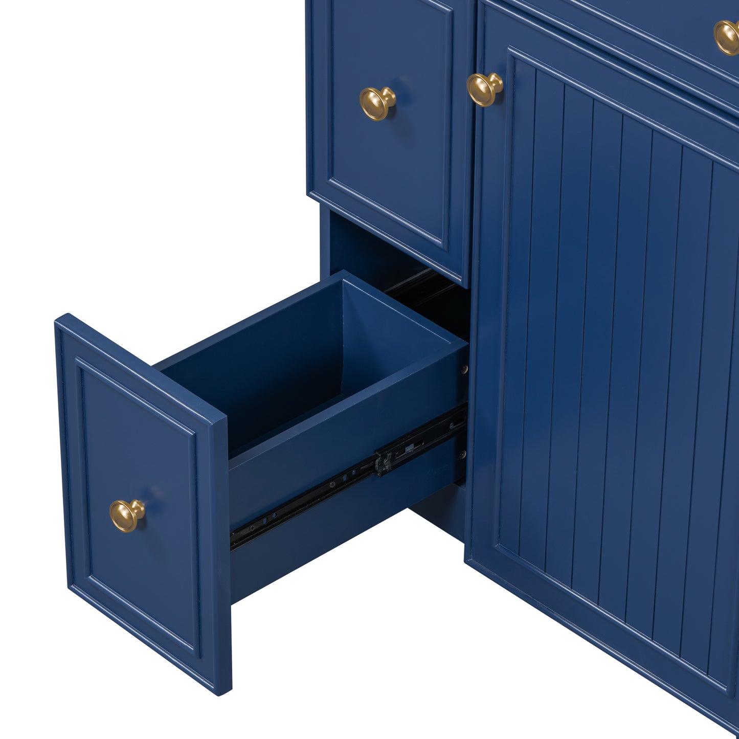 Navy blue vanity cabinet with open drawer and brass hardware ideal for modern bathrooms