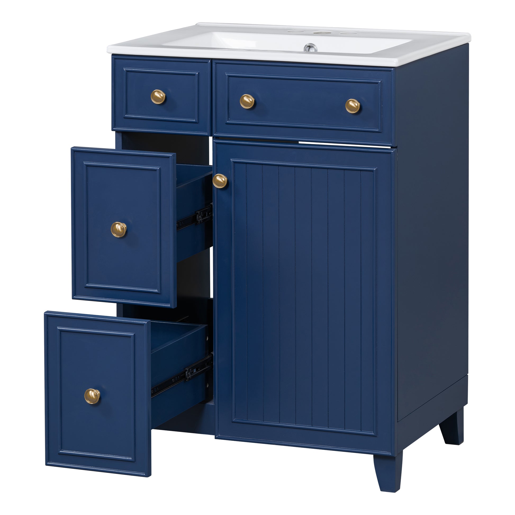 Navy blue bathroom vanity with white porcelain top and gold hardware