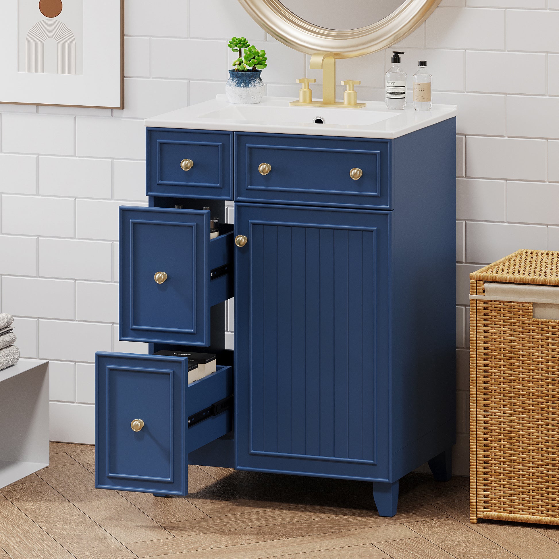 Navy blue bathroom vanity with gold hardware and marble countertop
