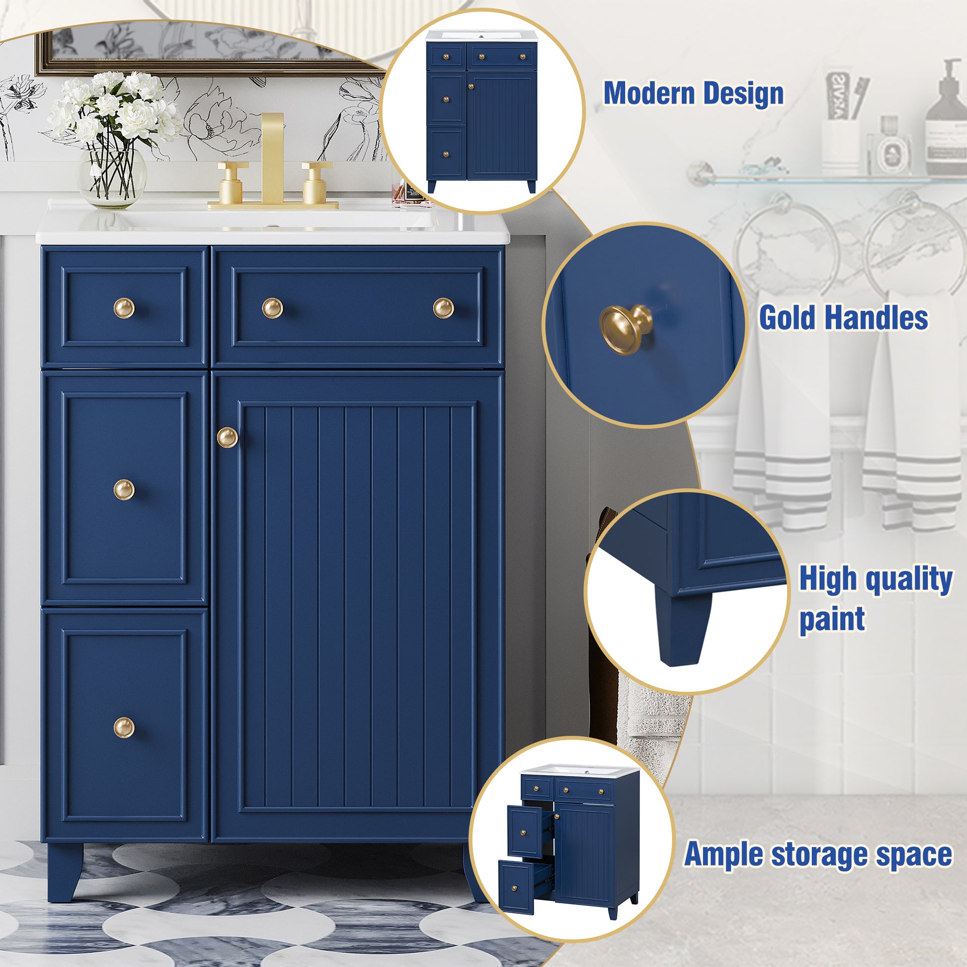 Navy blue vanity cabinet with gold hardware ideal for modern bathrooms