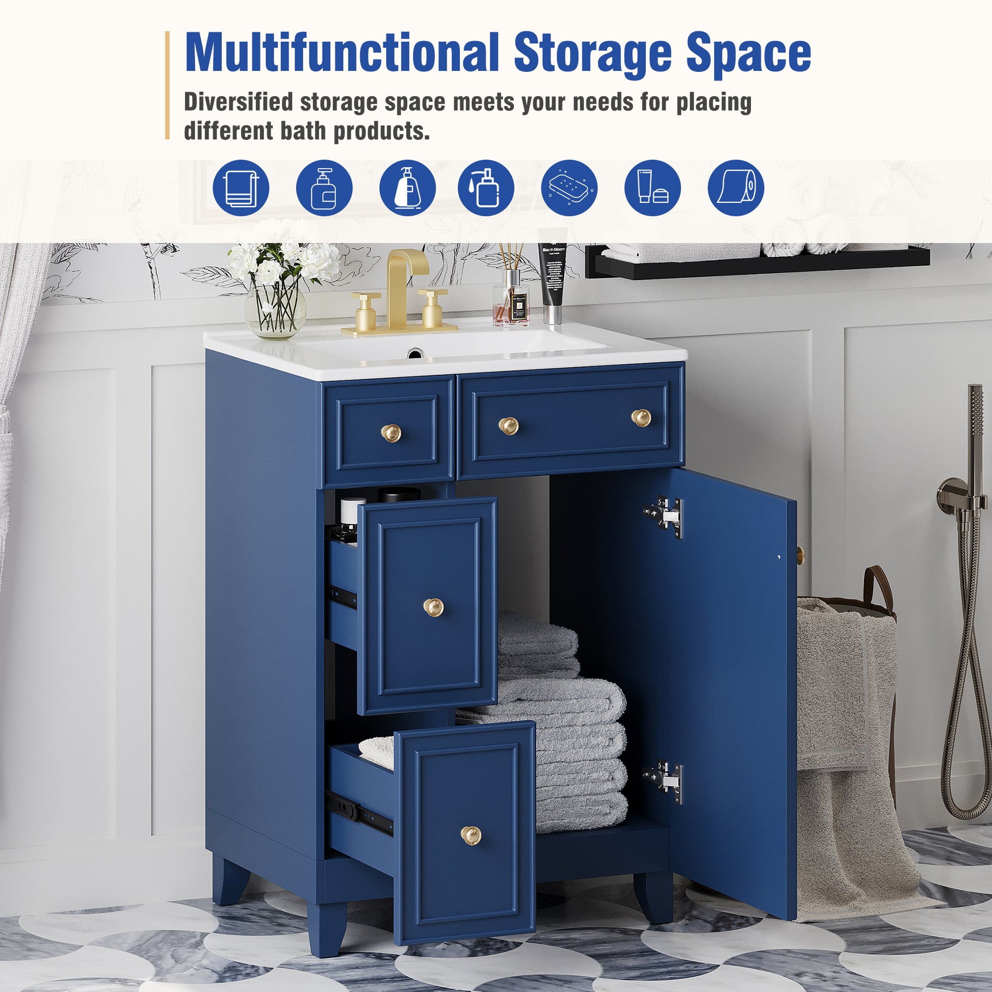 Navy blue bathroom vanity with gold hardware and open drawers revealing towels
