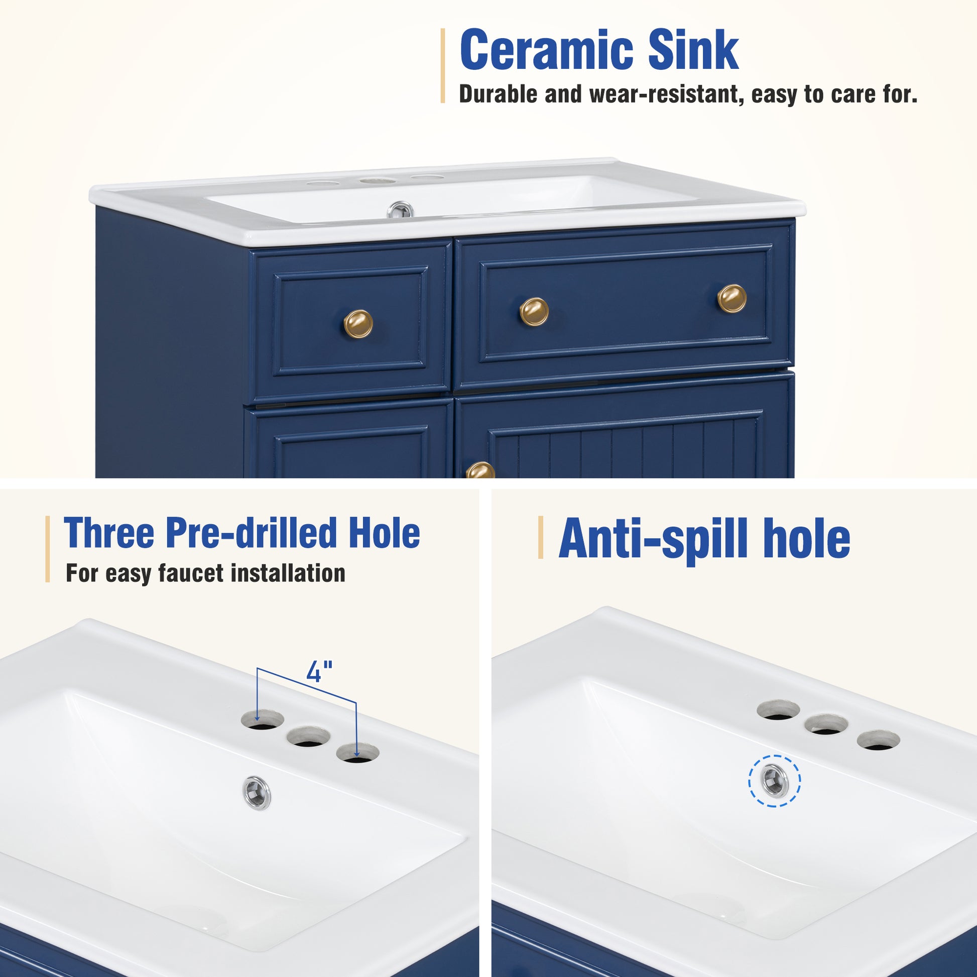 Navy blue vanity with white ceramic sink and gold hardware