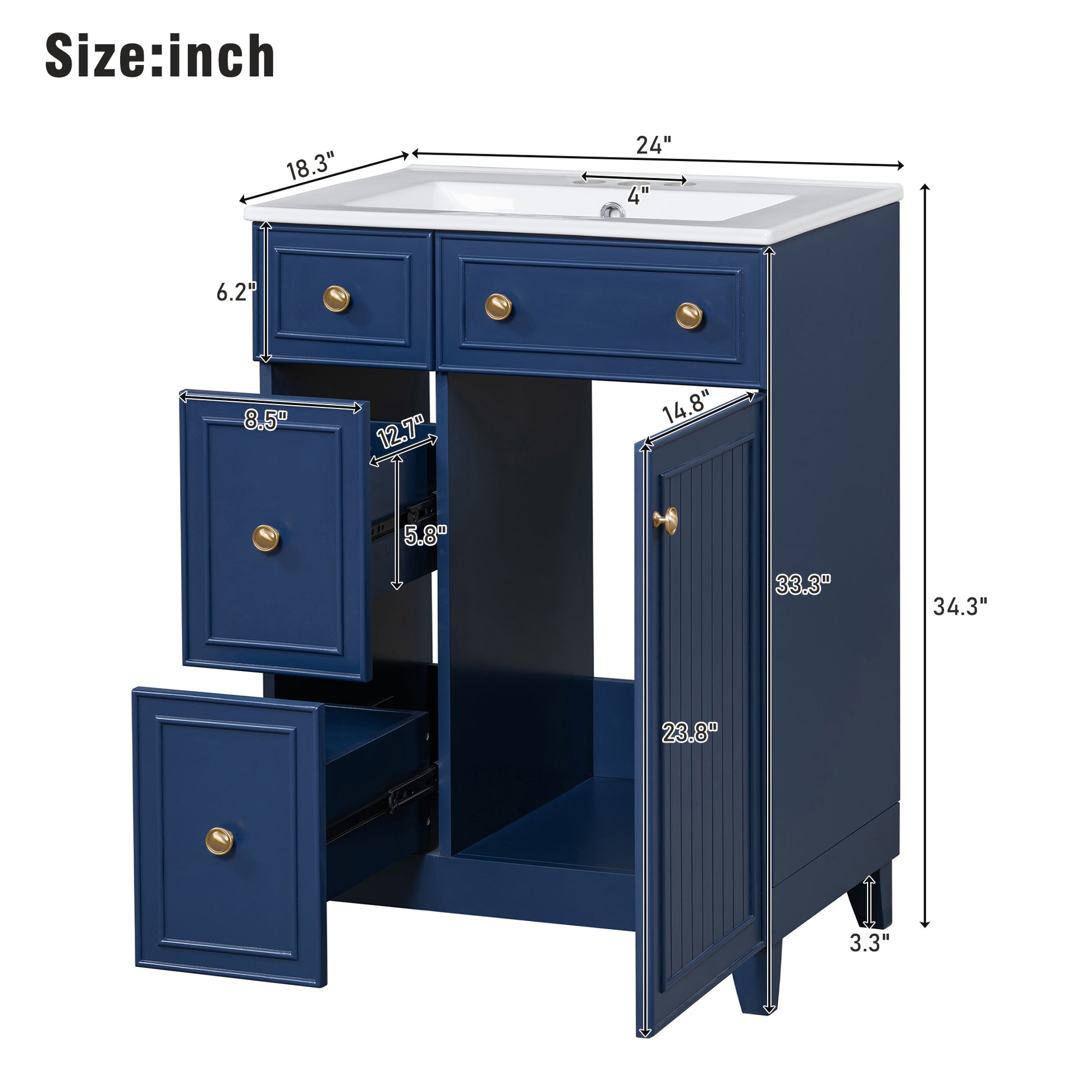 Navy blue bathroom vanity with gold hardware featuring two drawers a cabinet and open shelving
