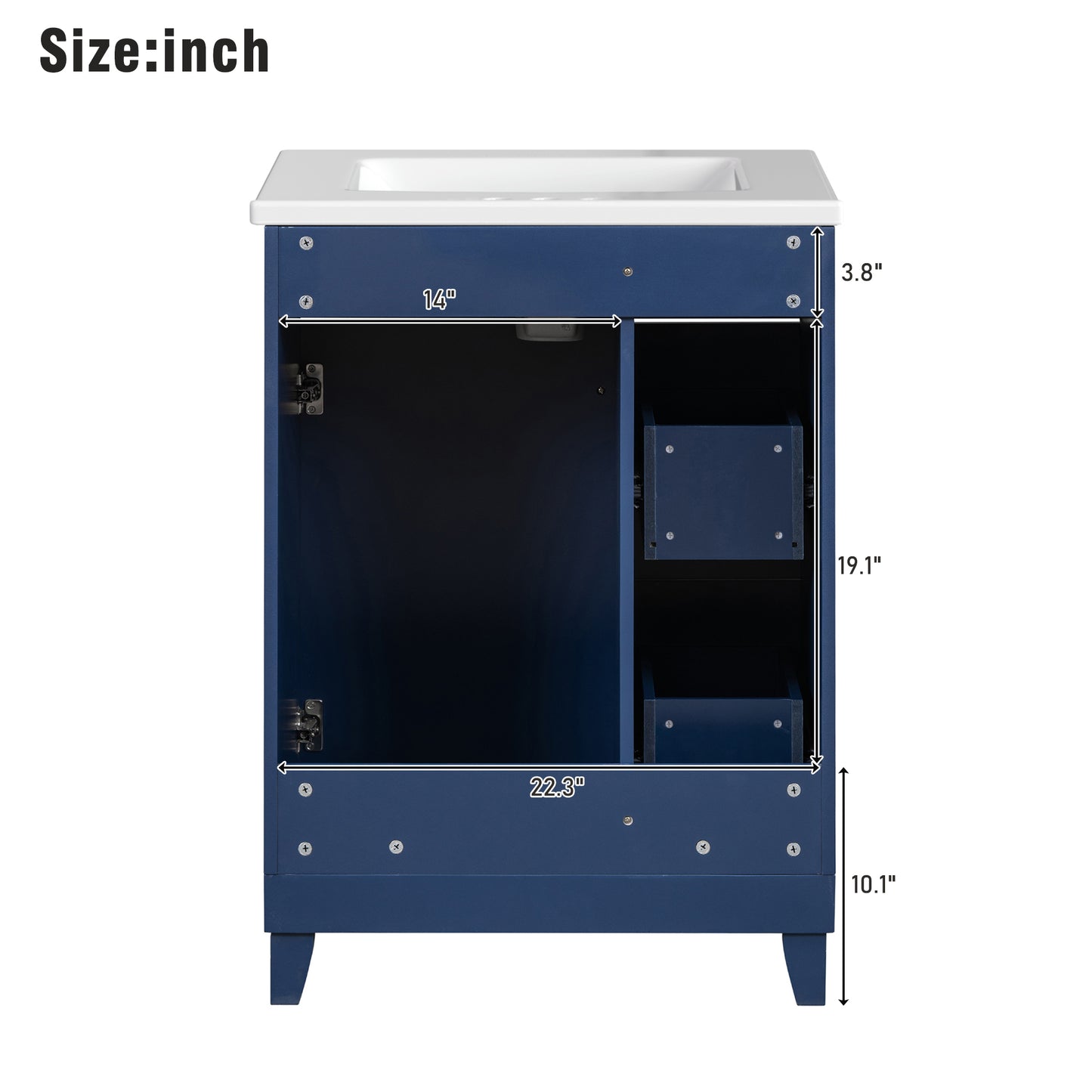 Navy blue bathroom vanity cabinet with white countertop and internal storage compartments  inches width