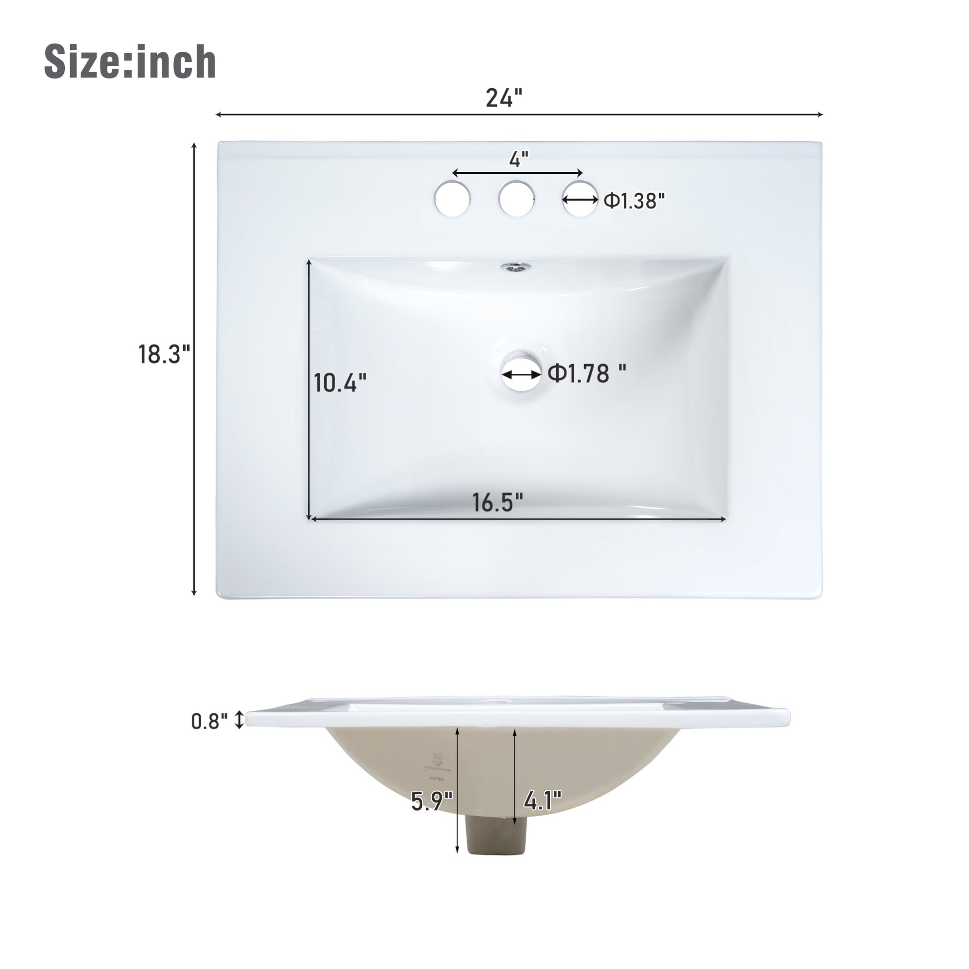 White ceramic sink with inch width and inch depth featuring  faucet holes