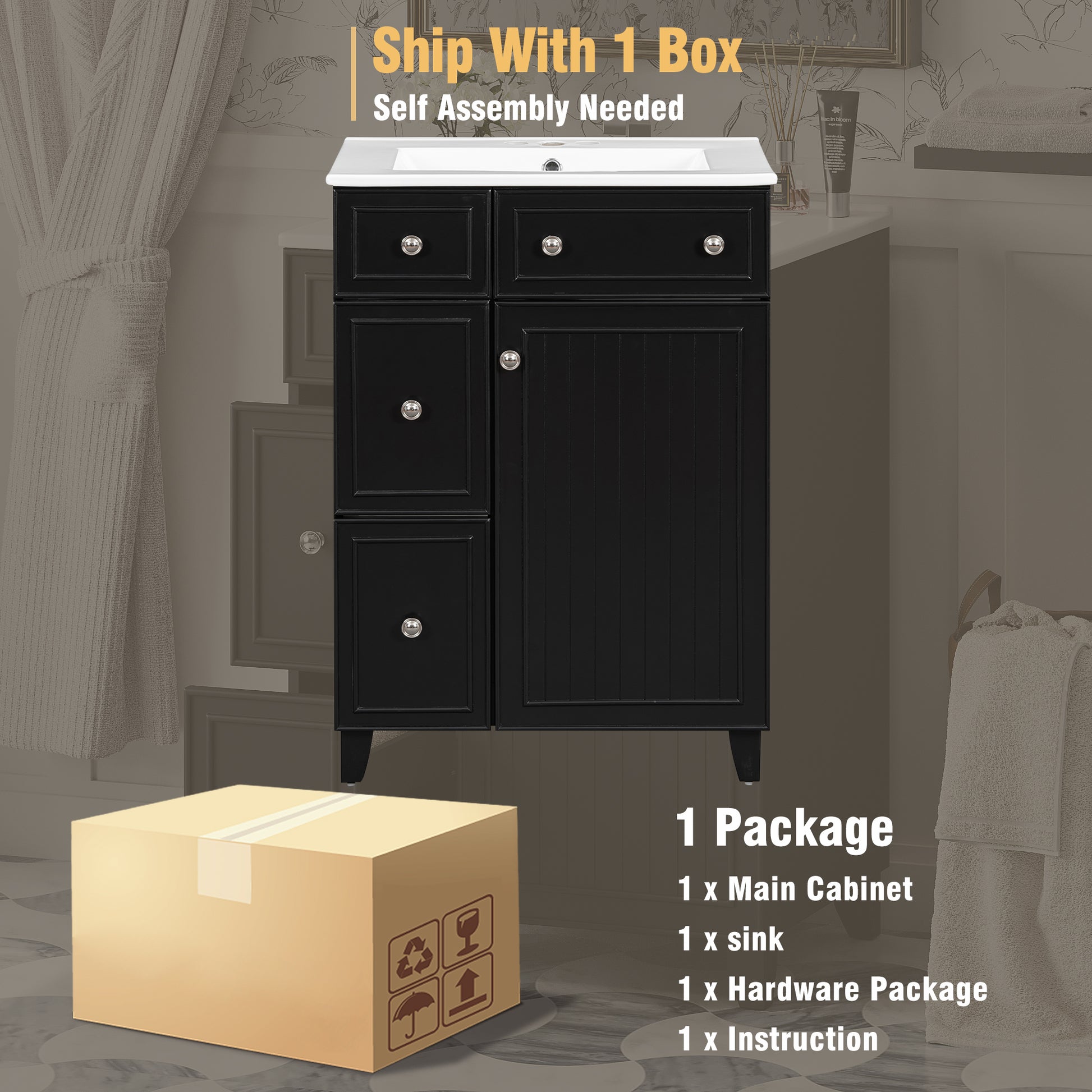 Black bathroom vanity cabinet with a white ceramic sink and chrome hardware
