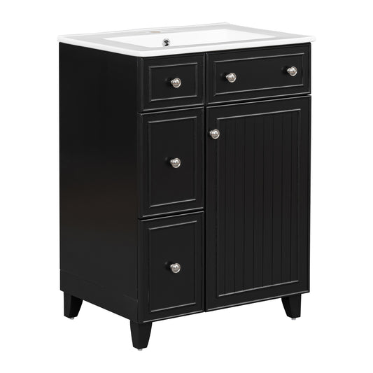 Black vanity cabinet with white ceramic top and silver knobs