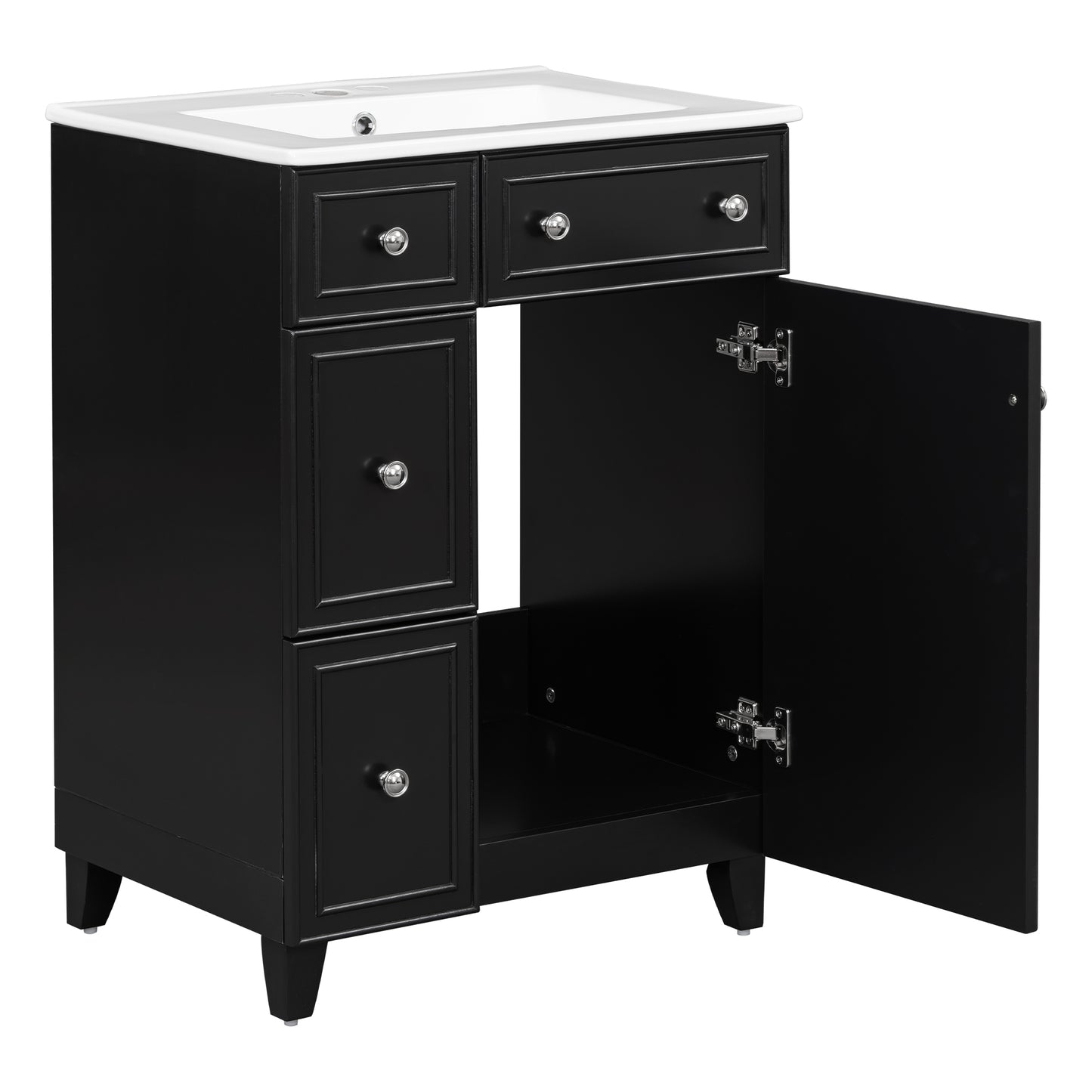 Black vanity cabinet with white ceramic sink and open door