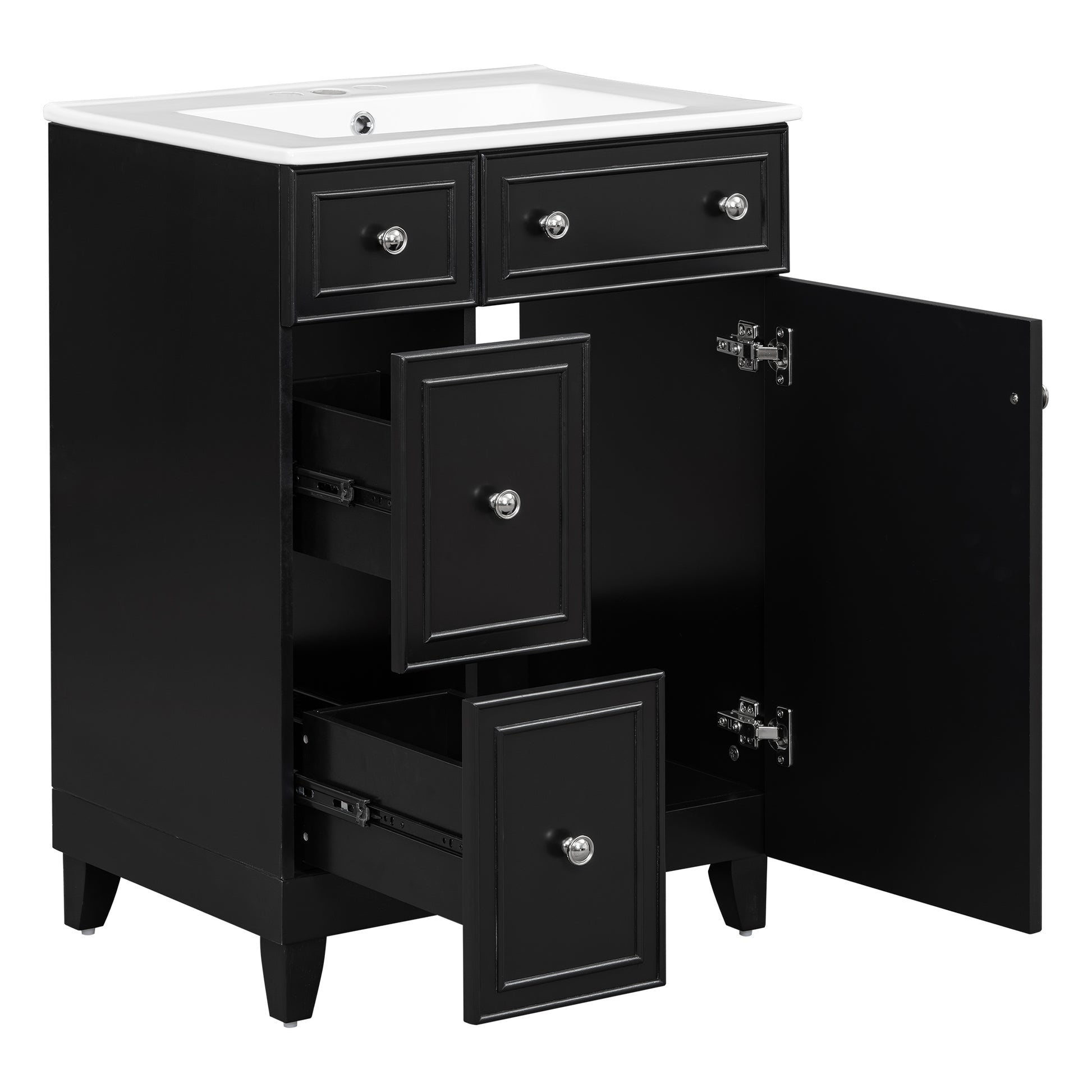 Black bathroom vanity with white ceramic top drawers and open cabinet door