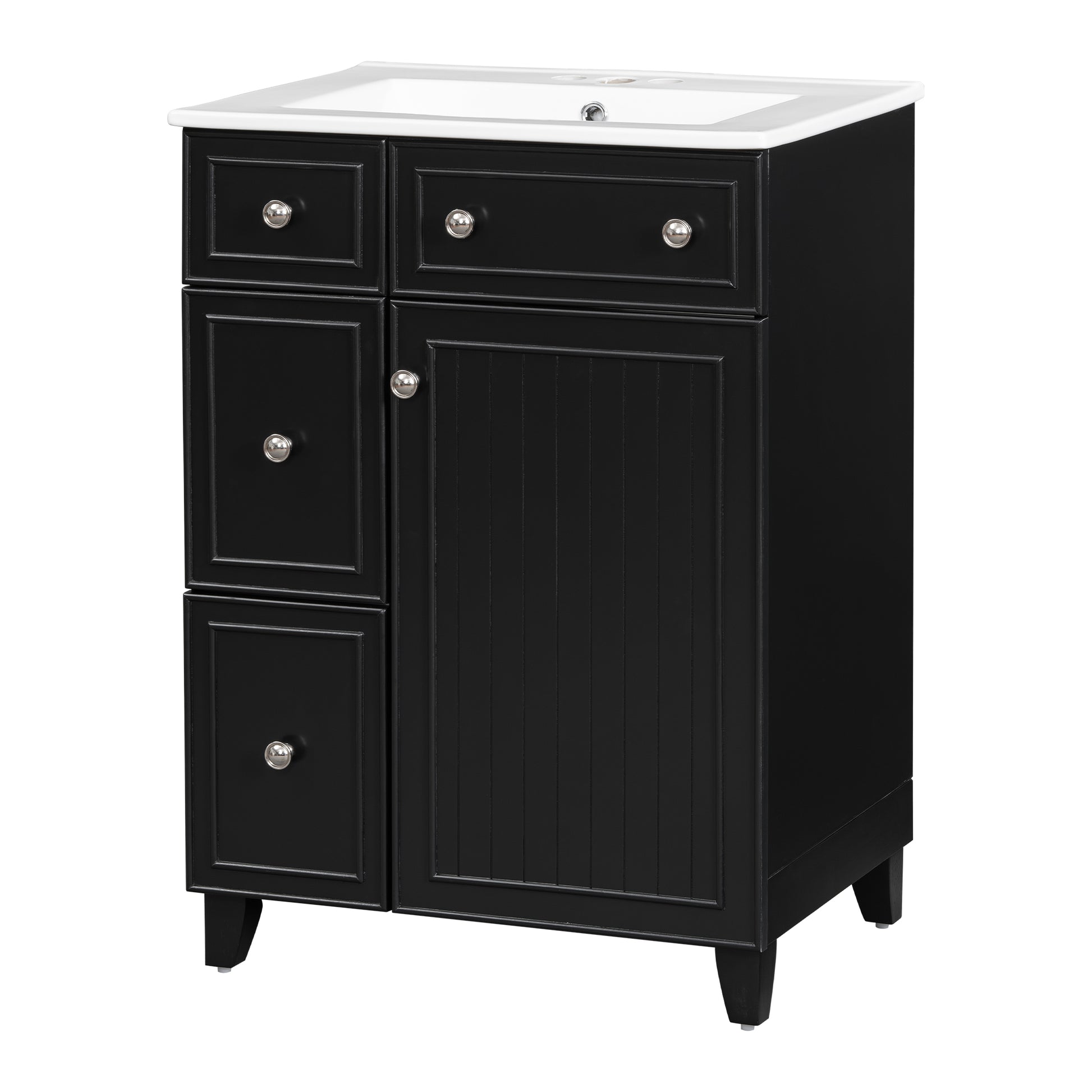 Black bathroom vanity with white ceramic top and silver hardware This vanity features three drawers on the left and a cabinet door on the right