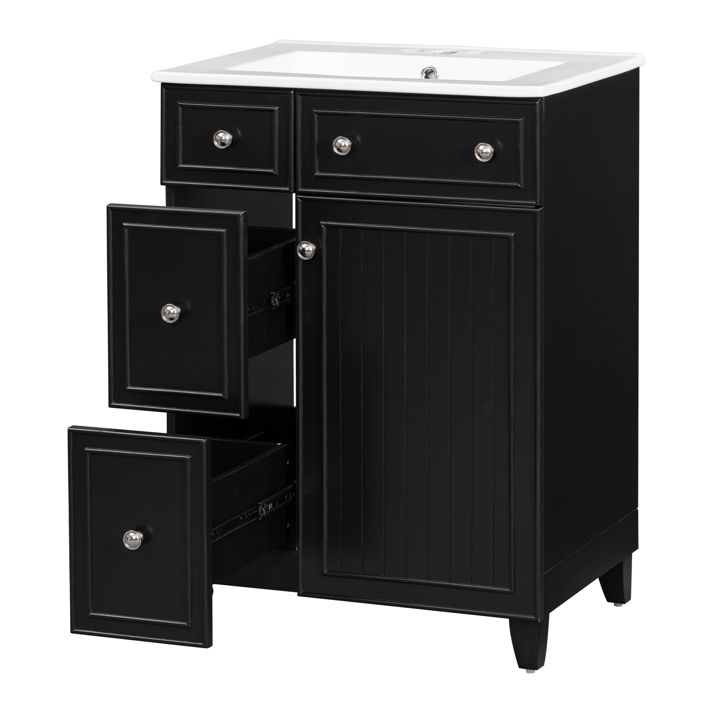 Black bathroom vanity with white ceramic top featuring fluted cabinet door and open drawers