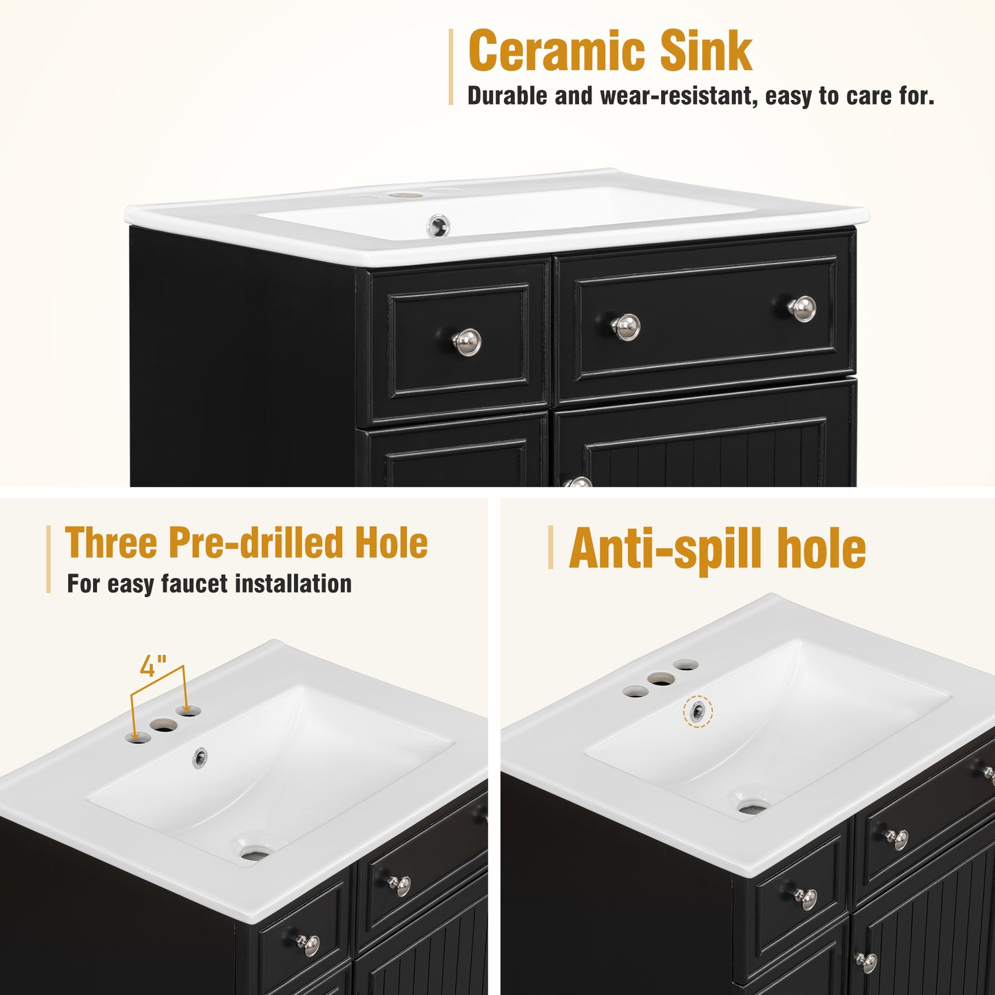 Black bathroom vanity with durable ceramic sink and silver hardware modern design