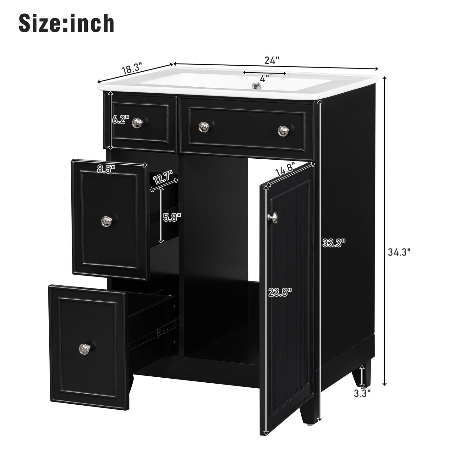 Black vanity cabinet with white sink featuring  width and  height