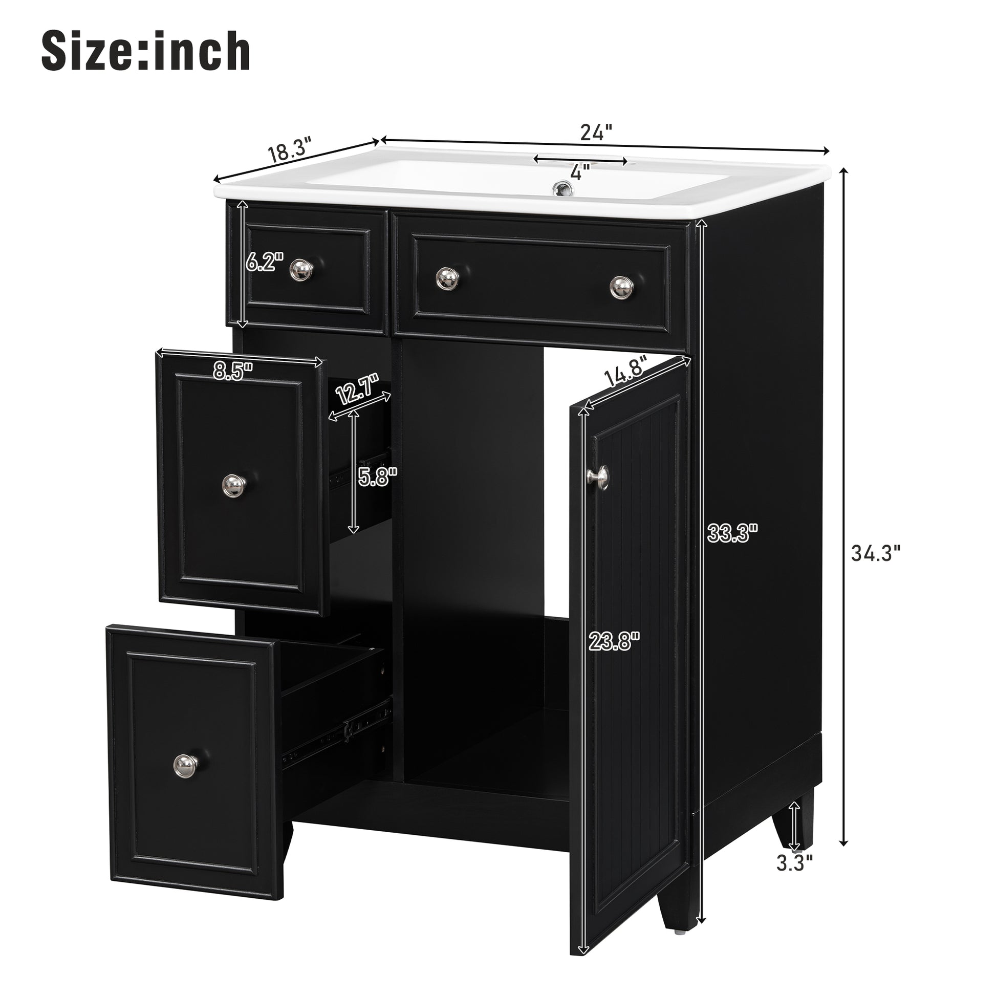 Black vanity cabinet with white sink featuring  width and  height