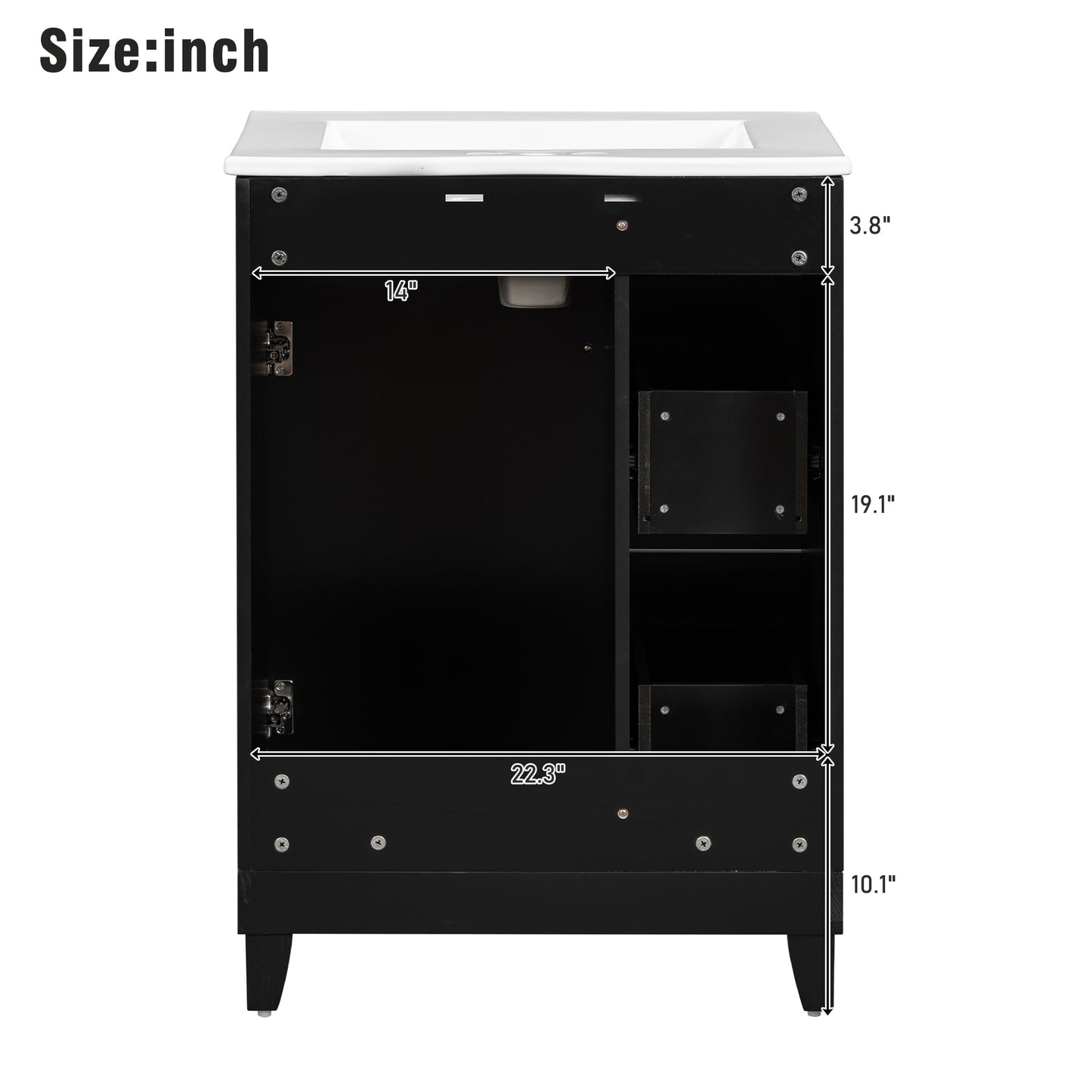 Black single vanity cabinet with open shelves and interior compartments shown from the back