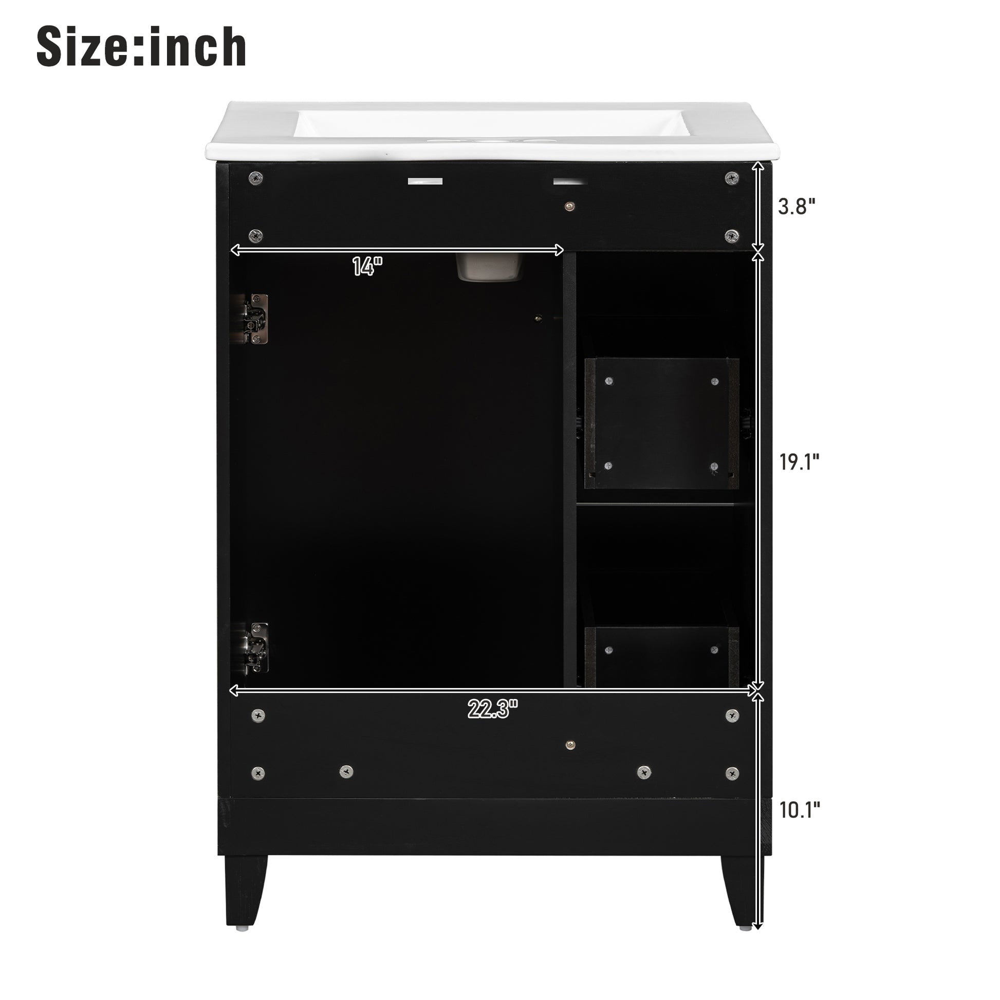 Black single vanity cabinet with open shelves and interior compartments shown from the back