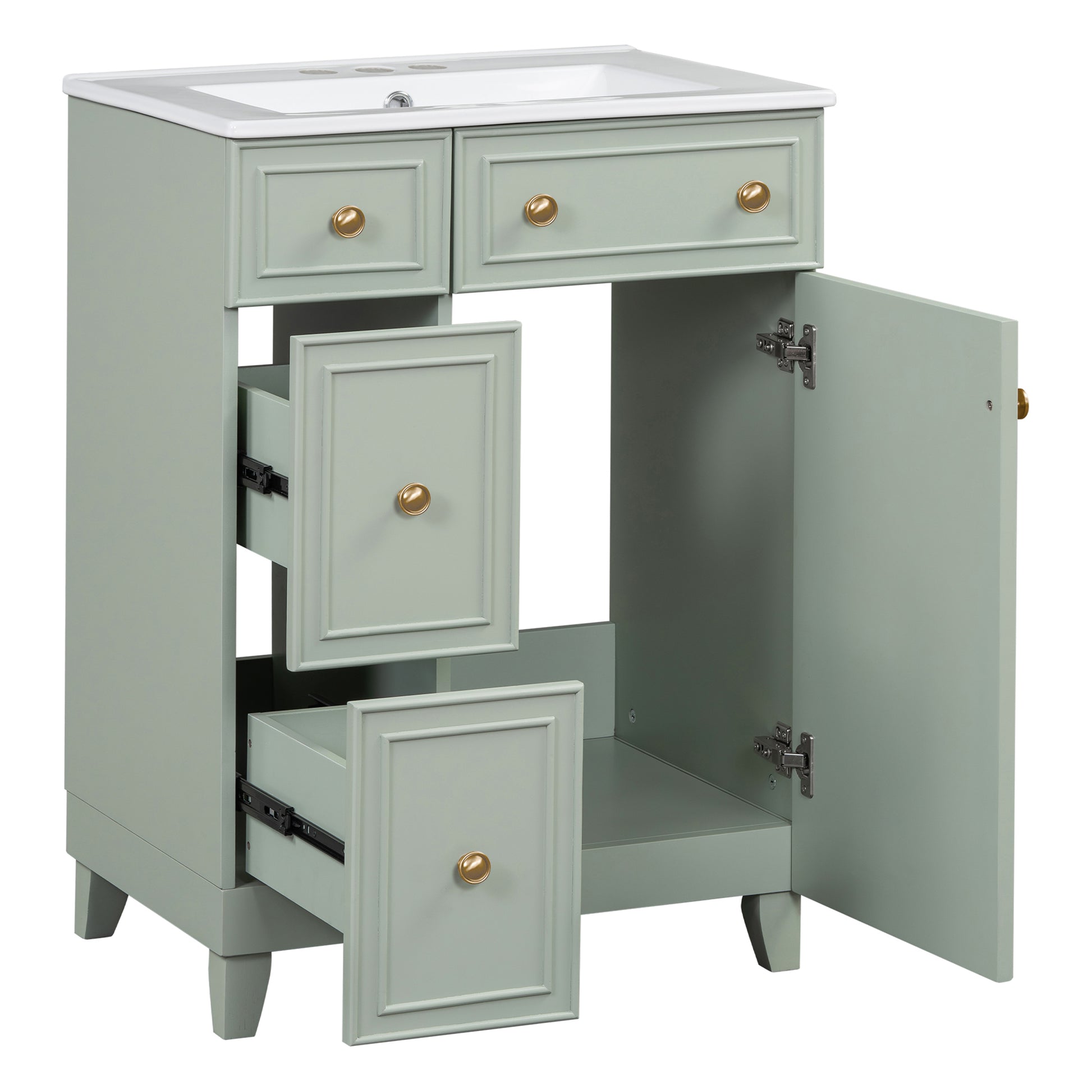 Sage green bathroom vanity with gold knobs featuring open drawers and a cabinet door