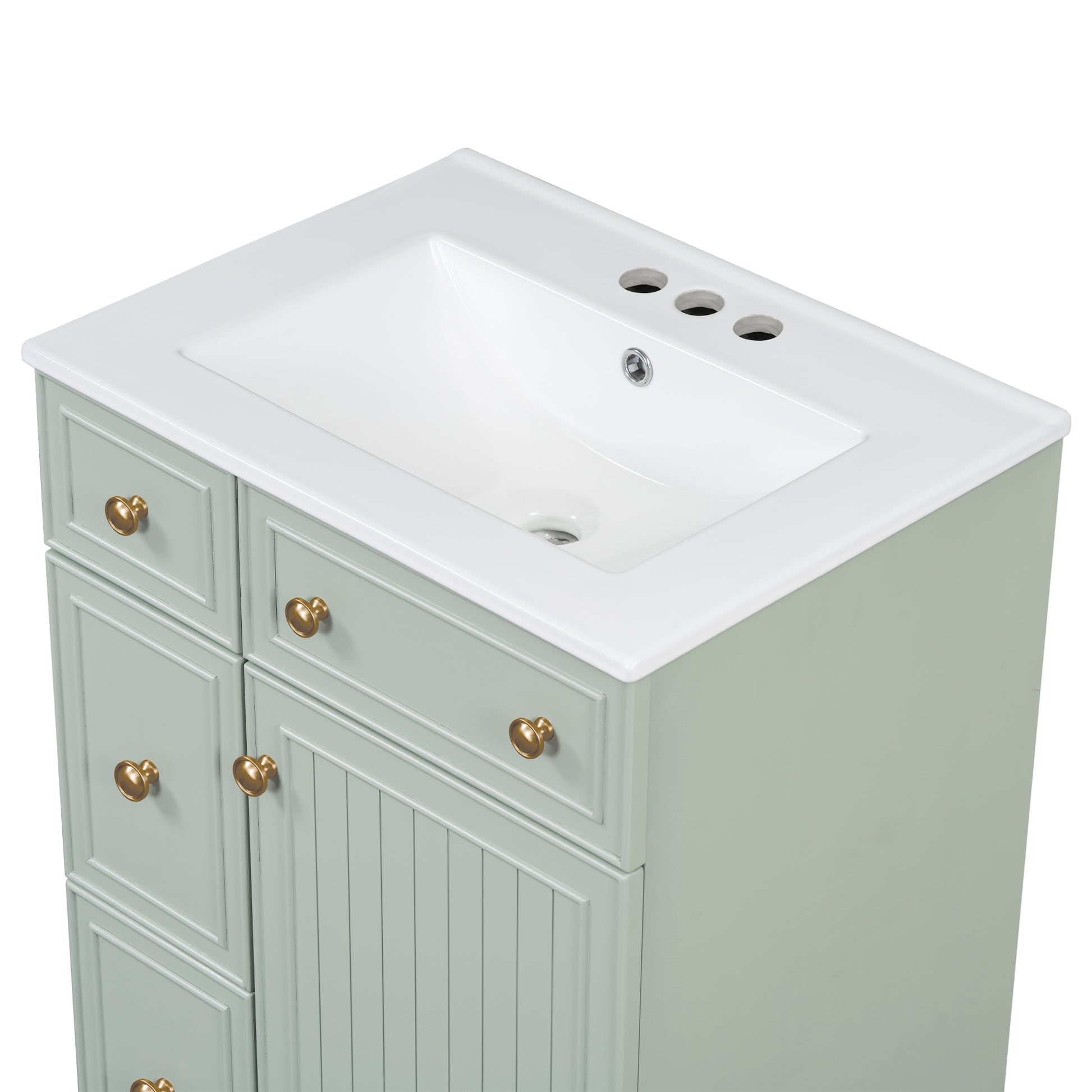 Sage green vanity with white porcelain top and brass knobs  inch wide bathroom vanity