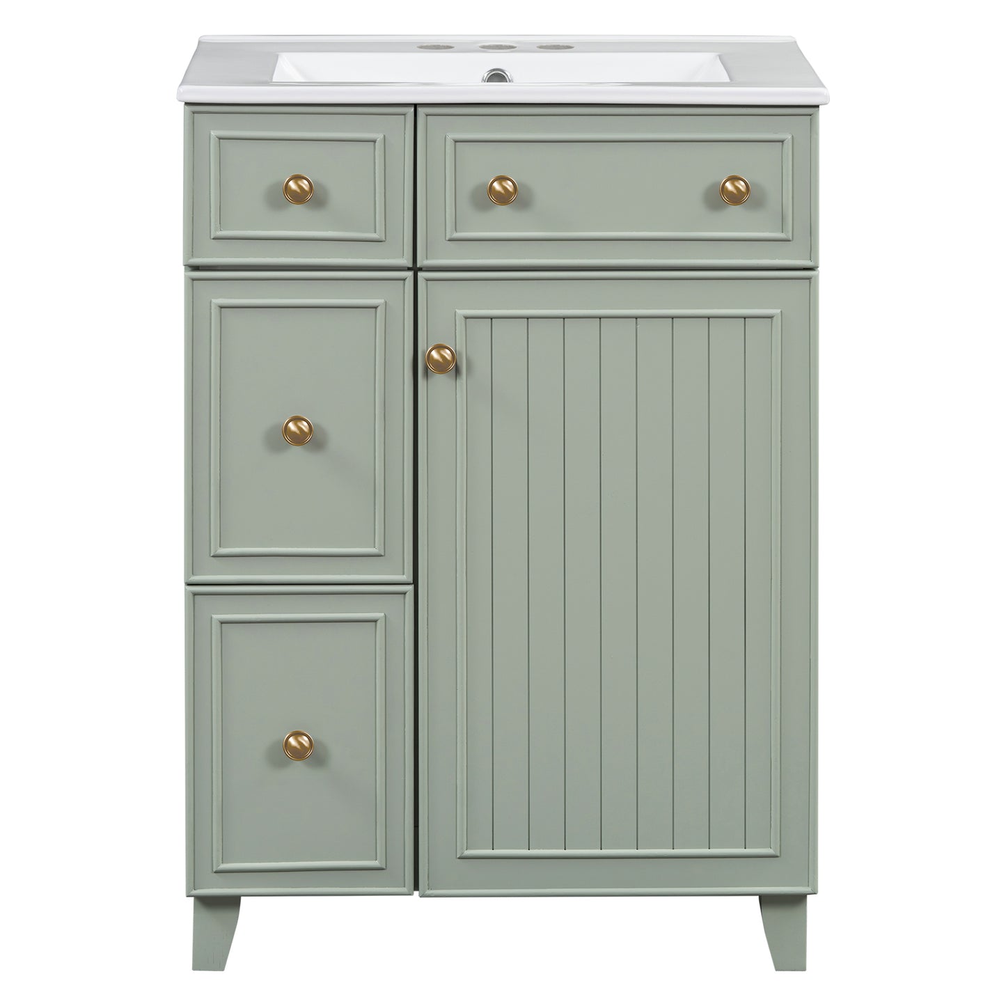 Sage green bathroom vanity with brass knobs featuring paneled drawers and a fluted cabinet door