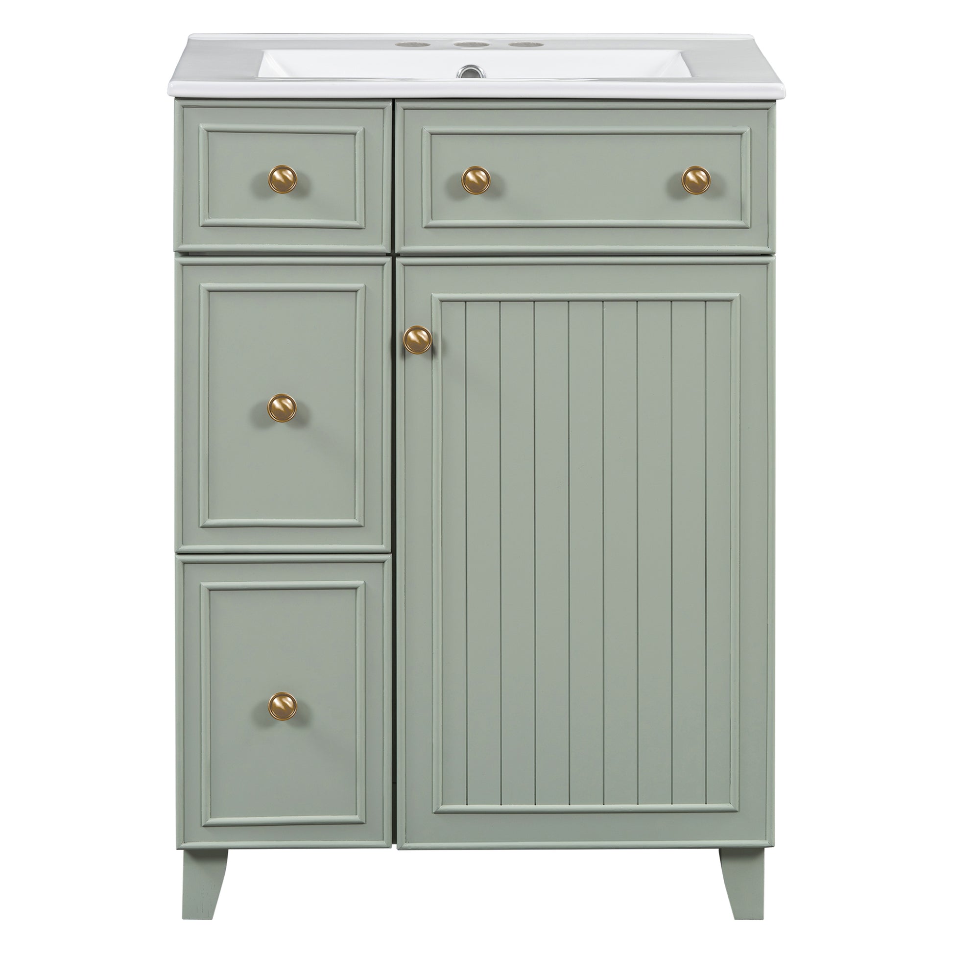 Sage green bathroom vanity with brass knobs featuring paneled drawers and a fluted cabinet door