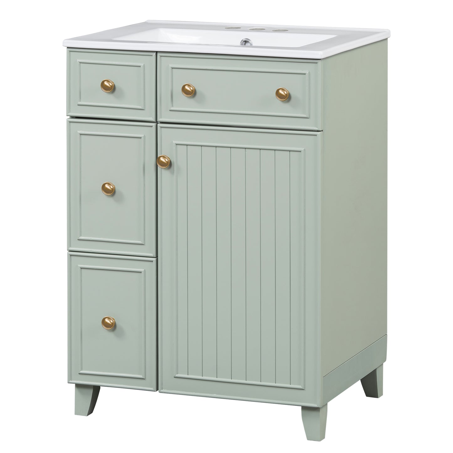 Pale green bathroom vanity with white countertop and brass knobs  inch