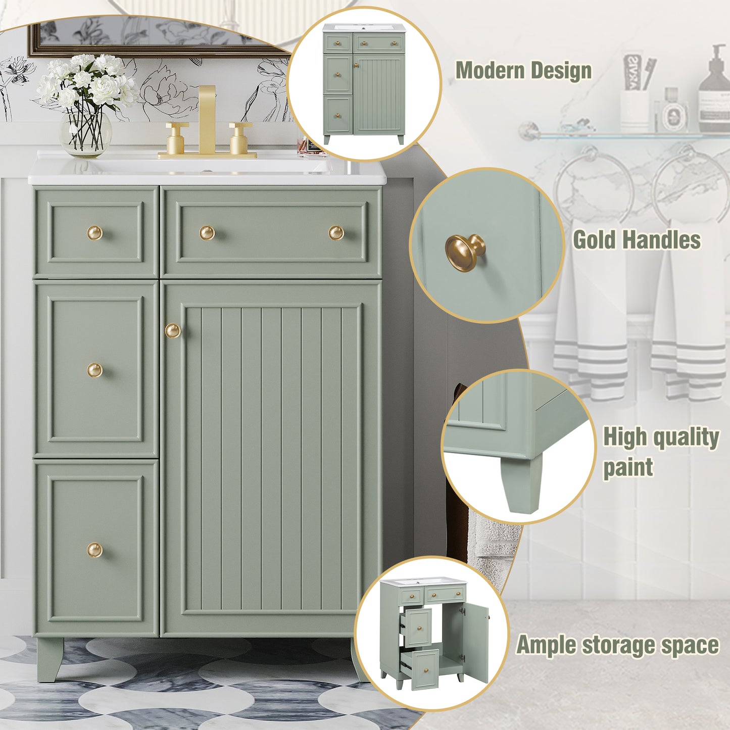 Sage green bathroom vanity with gold hardware and ample storage space