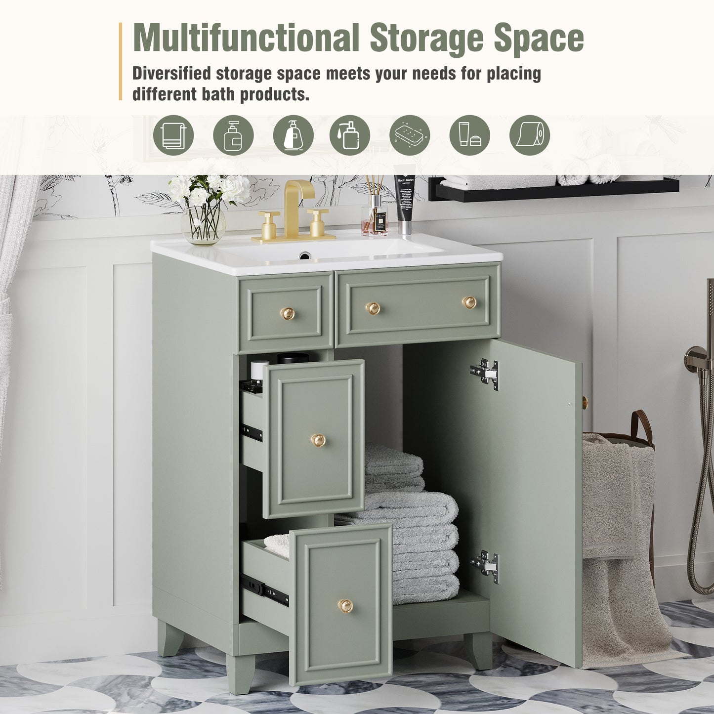 Sage green bathroom vanity with gold hardware and open storage