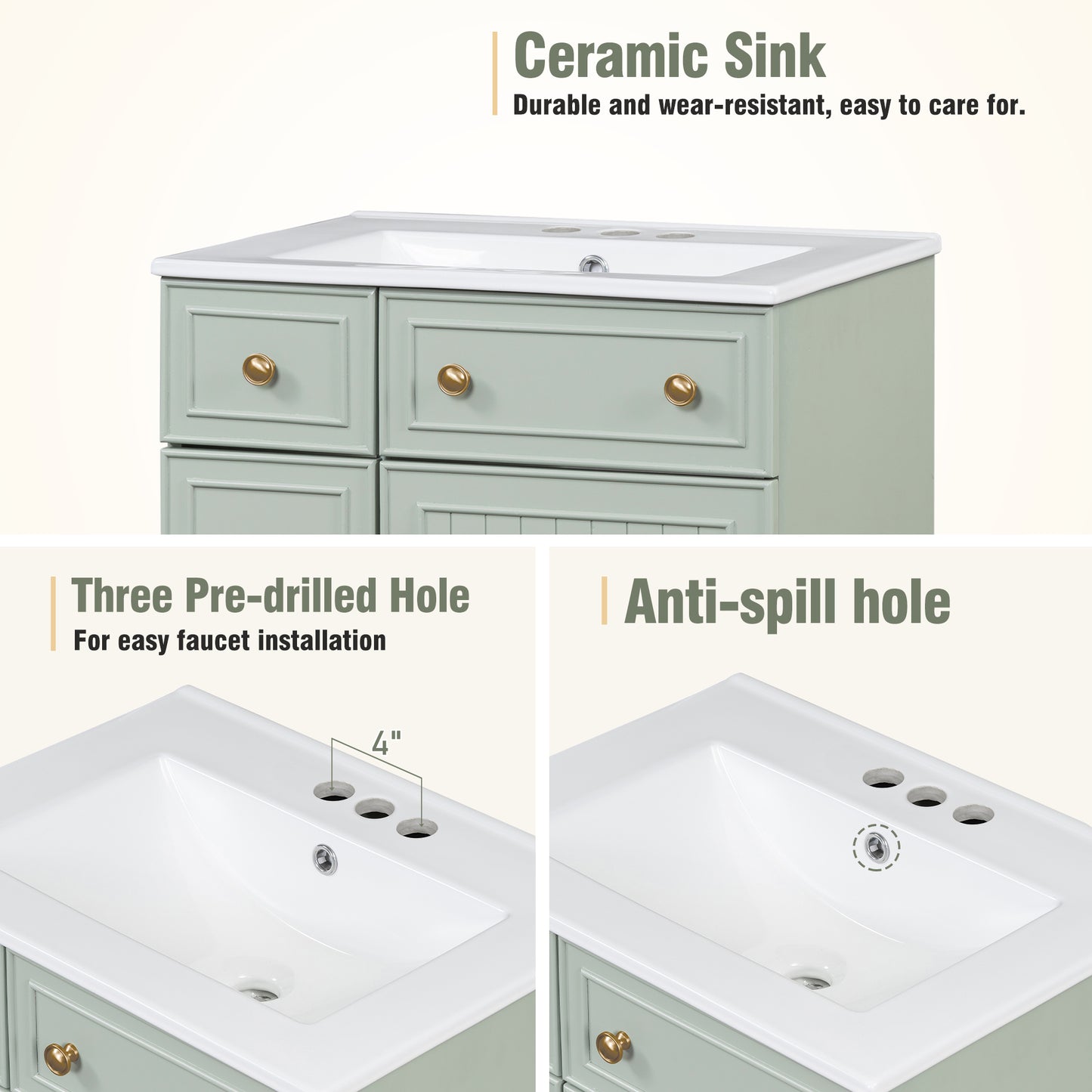 Sage green vanity with a white ceramic sink featuring gold knobs and three predrilled faucet holes