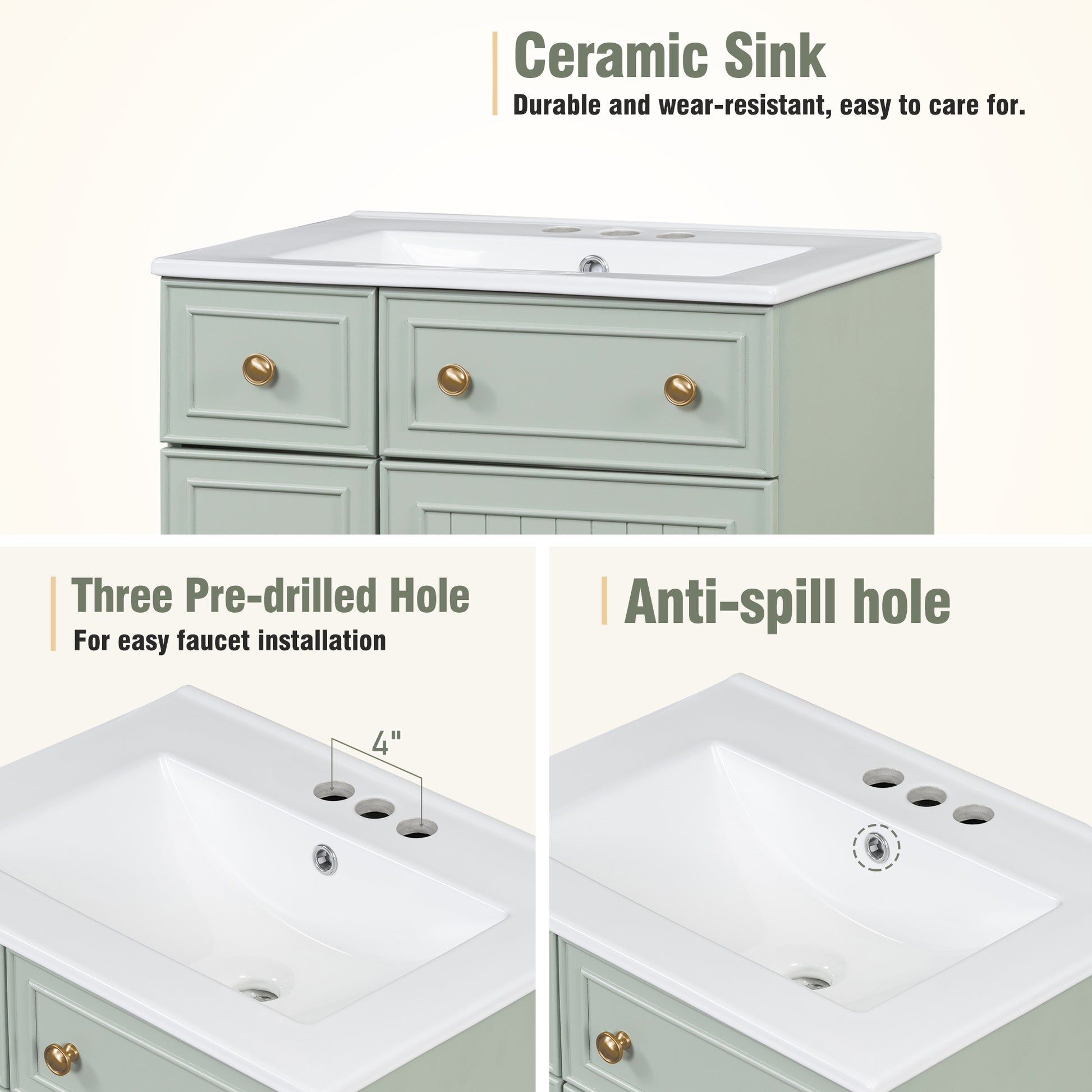 Sage green vanity with a white ceramic sink featuring gold knobs and three predrilled faucet holes
