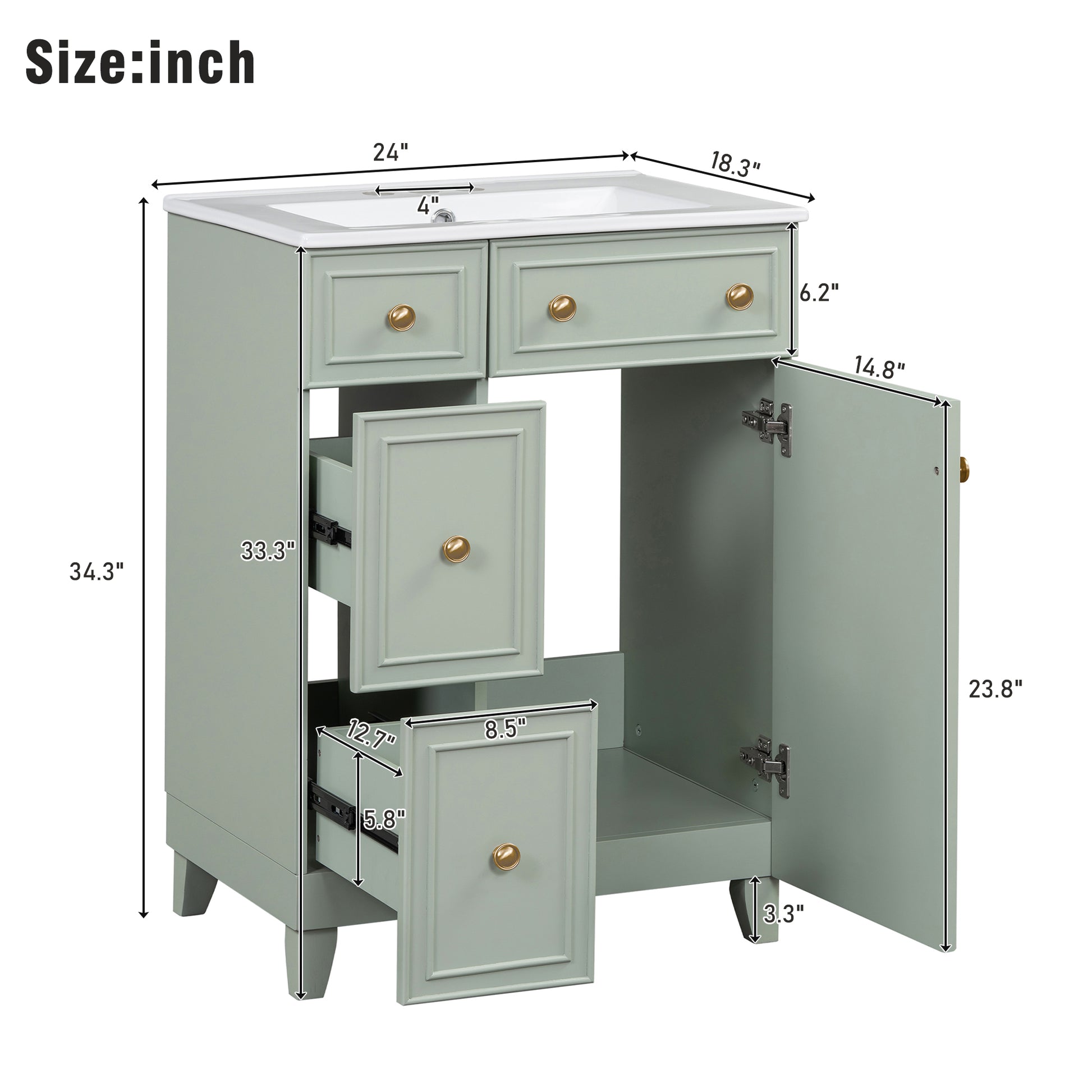 Sage green vanity with brass knobs dual drawers and open cabinet space
