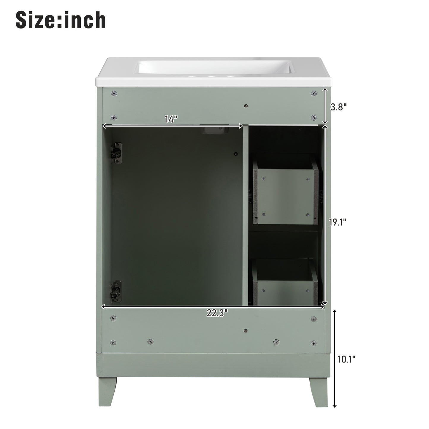 Sage green single vanity cabinet  wide featuring open shelving and two drawers for bathroom storage