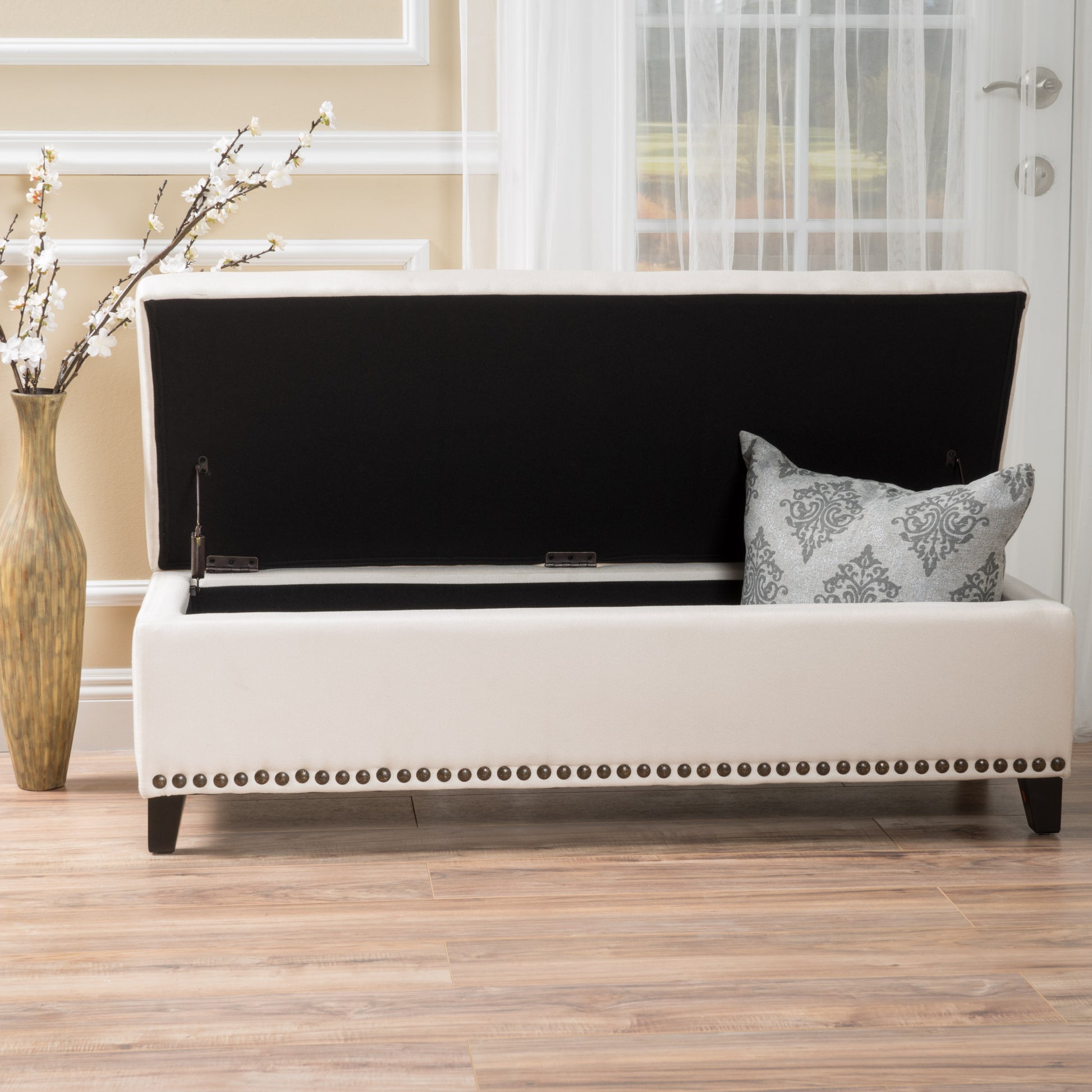 Tufted ottoman bench with nailhead trim open for storage Ideal accent seating