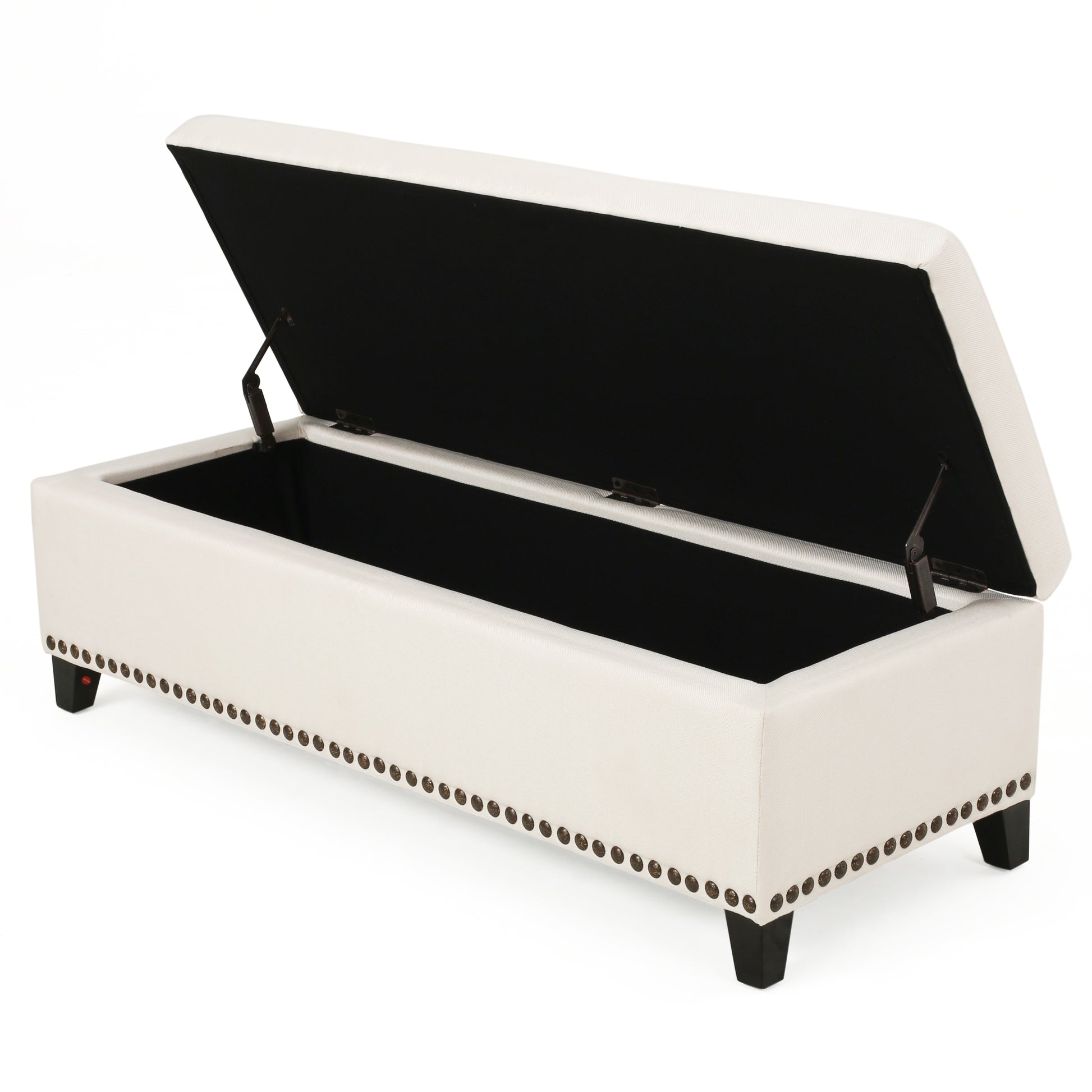 Offwhite linen storage bench with studded trim and open lid revealing black interior