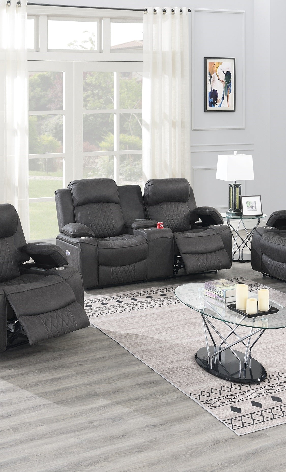 Dark gray power recliner sofa with diamond tufting cup holders and USB ports