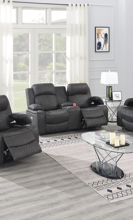 Dark gray power recliner sofa with diamond tufting cup holders and USB ports