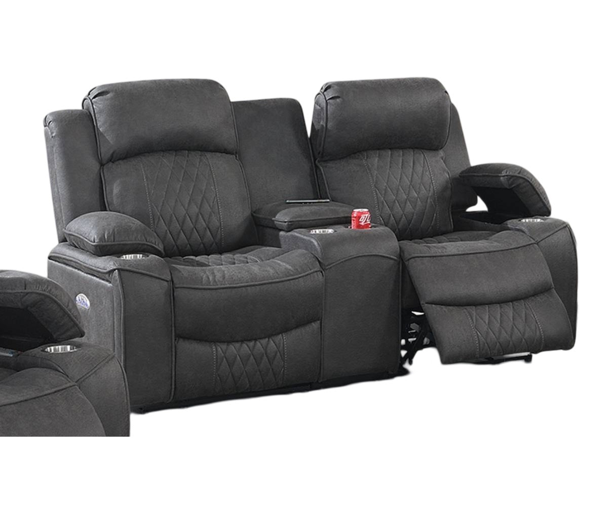 Charcoal gray reclining sofa with diamondstitched accents and builtin cup holders