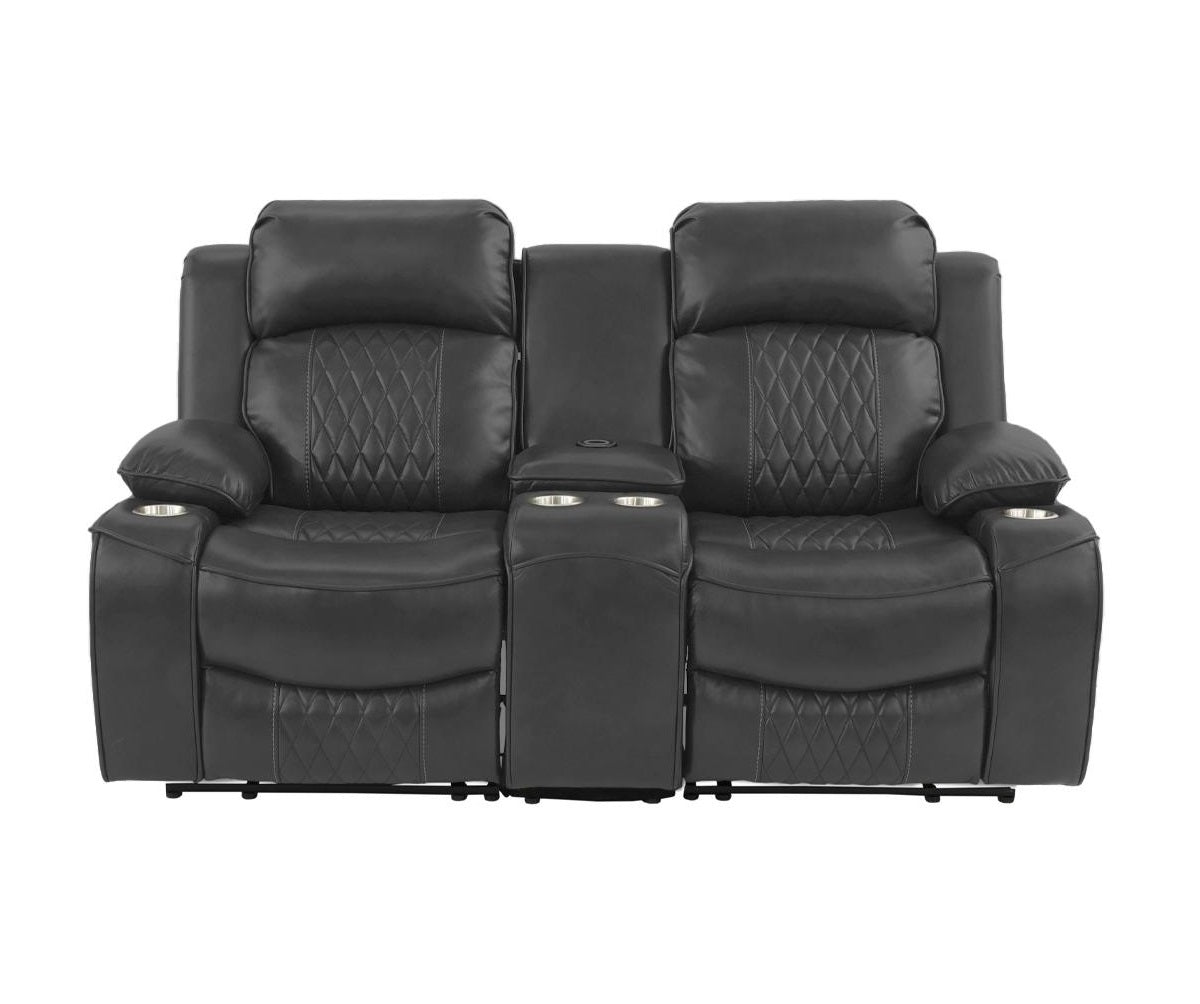 Charcoal gray leather loveseat recliner with diamond stitching and cup holders