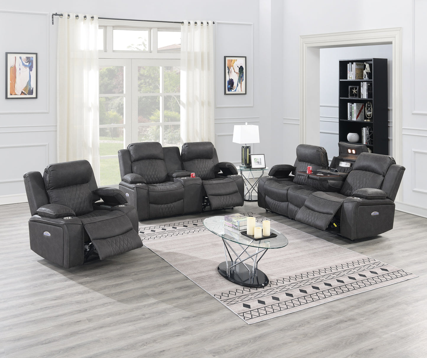 Dark gray fabric recliner sofa set with diamond stitching and cup holders for modern living rooms