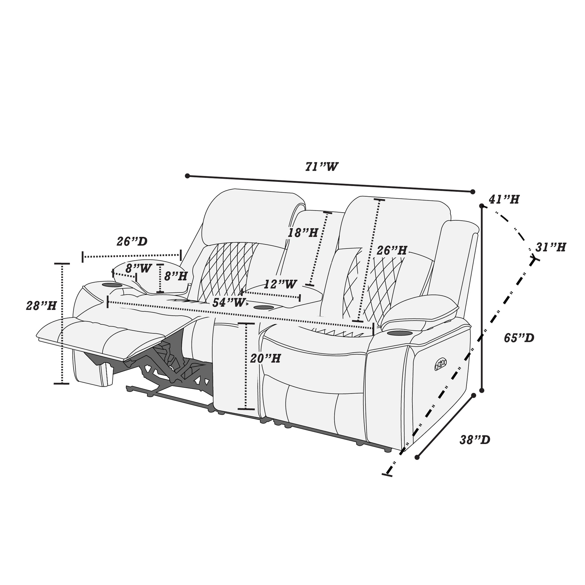 Diagram of a gray twoseat reclining sofa with dimensions labeled for width height and depth