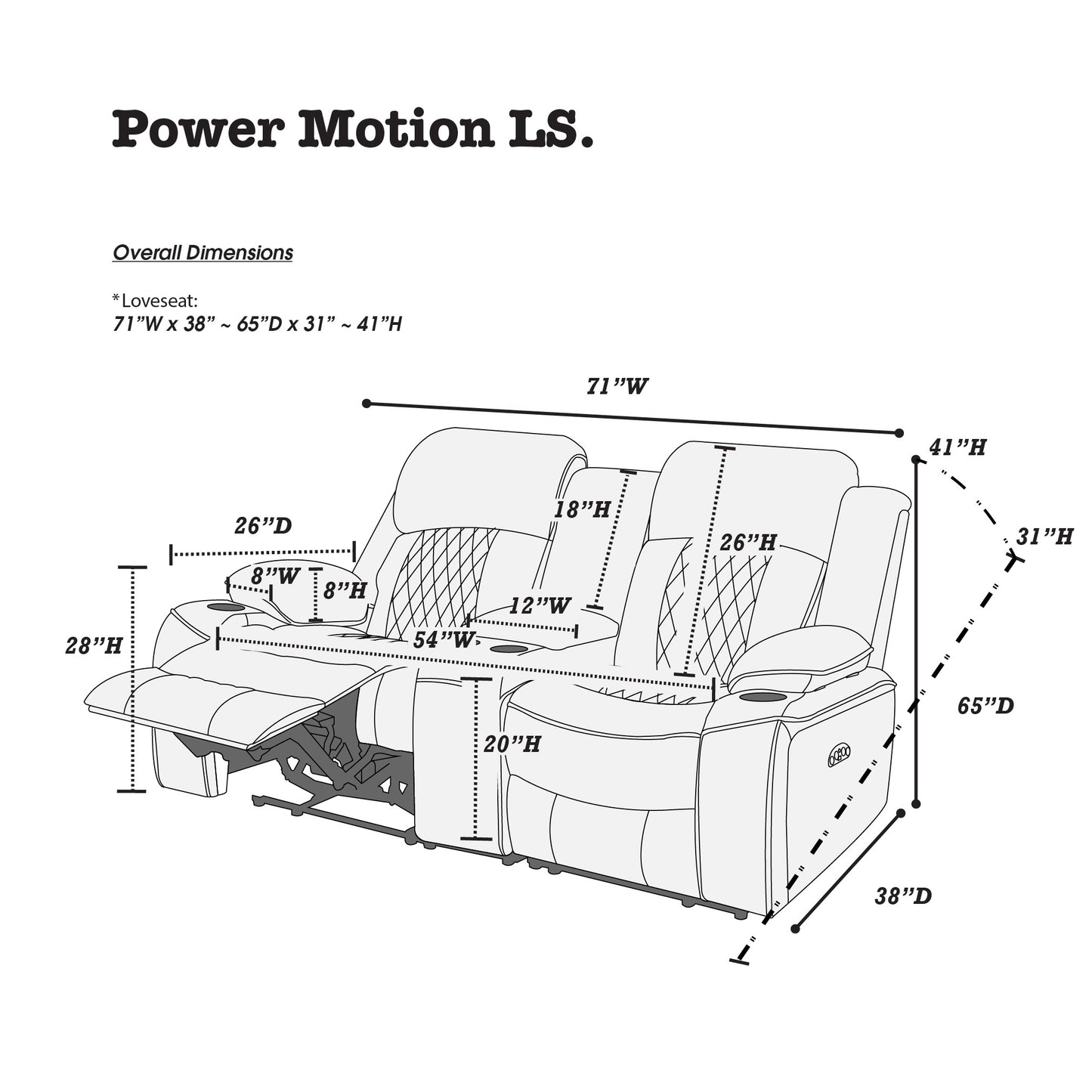 Diagram of a recliner loveseat with dimensions W x D x H closed