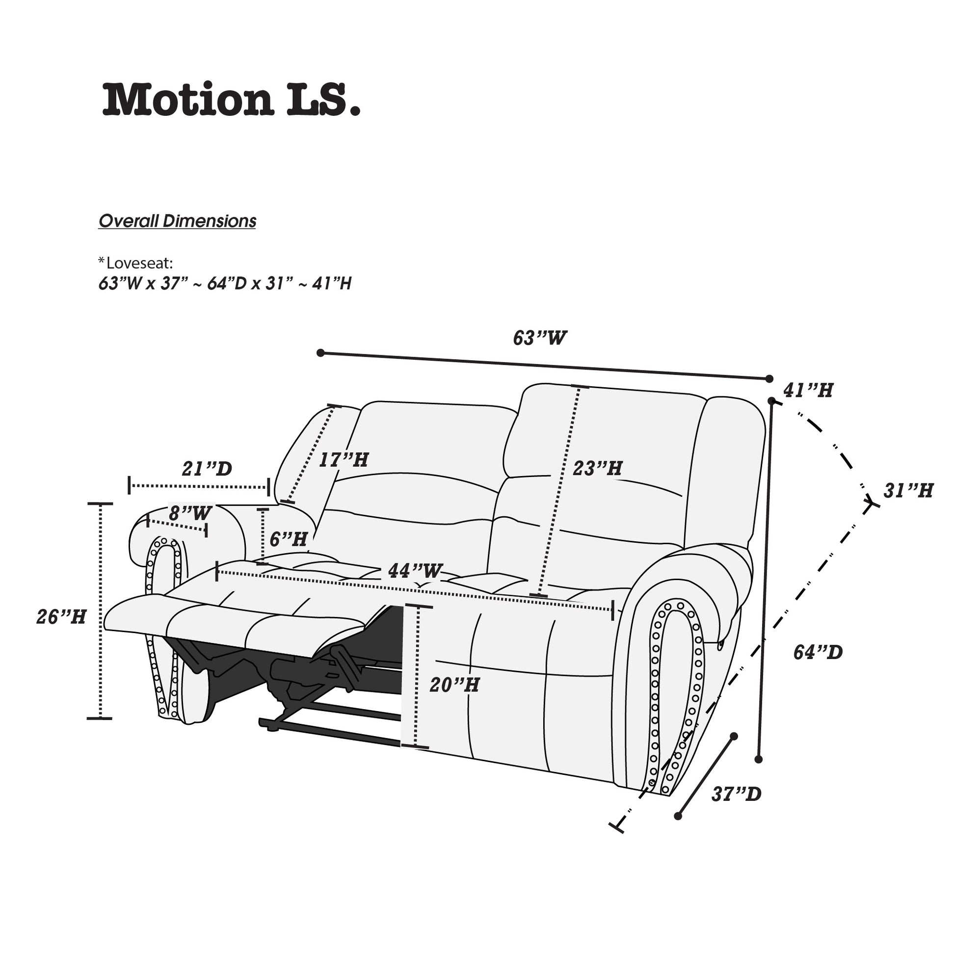 Diagram showing overall dimensions of a loveseat recliner W x D x H