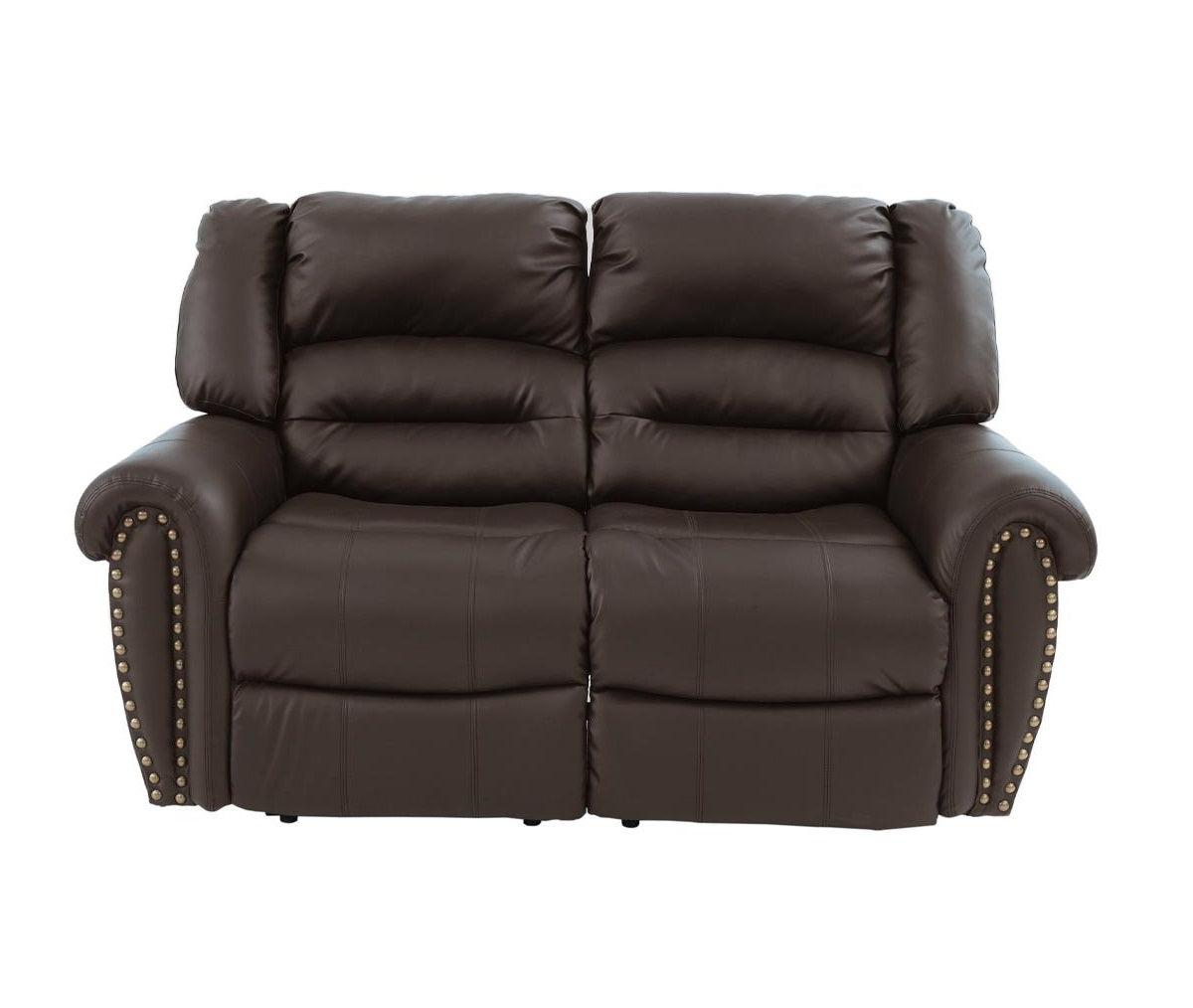 Comfortable brown leather loveseat recliner with studded armrests