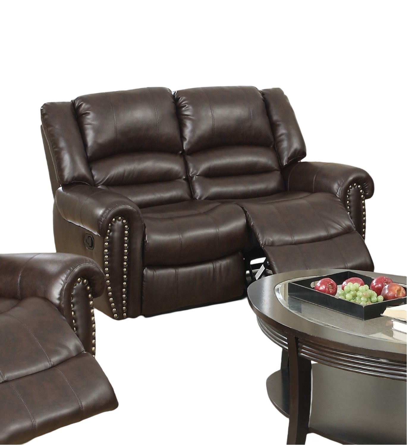 Dark brown leather loveseat recliner with silver nailhead trim and plush cushions